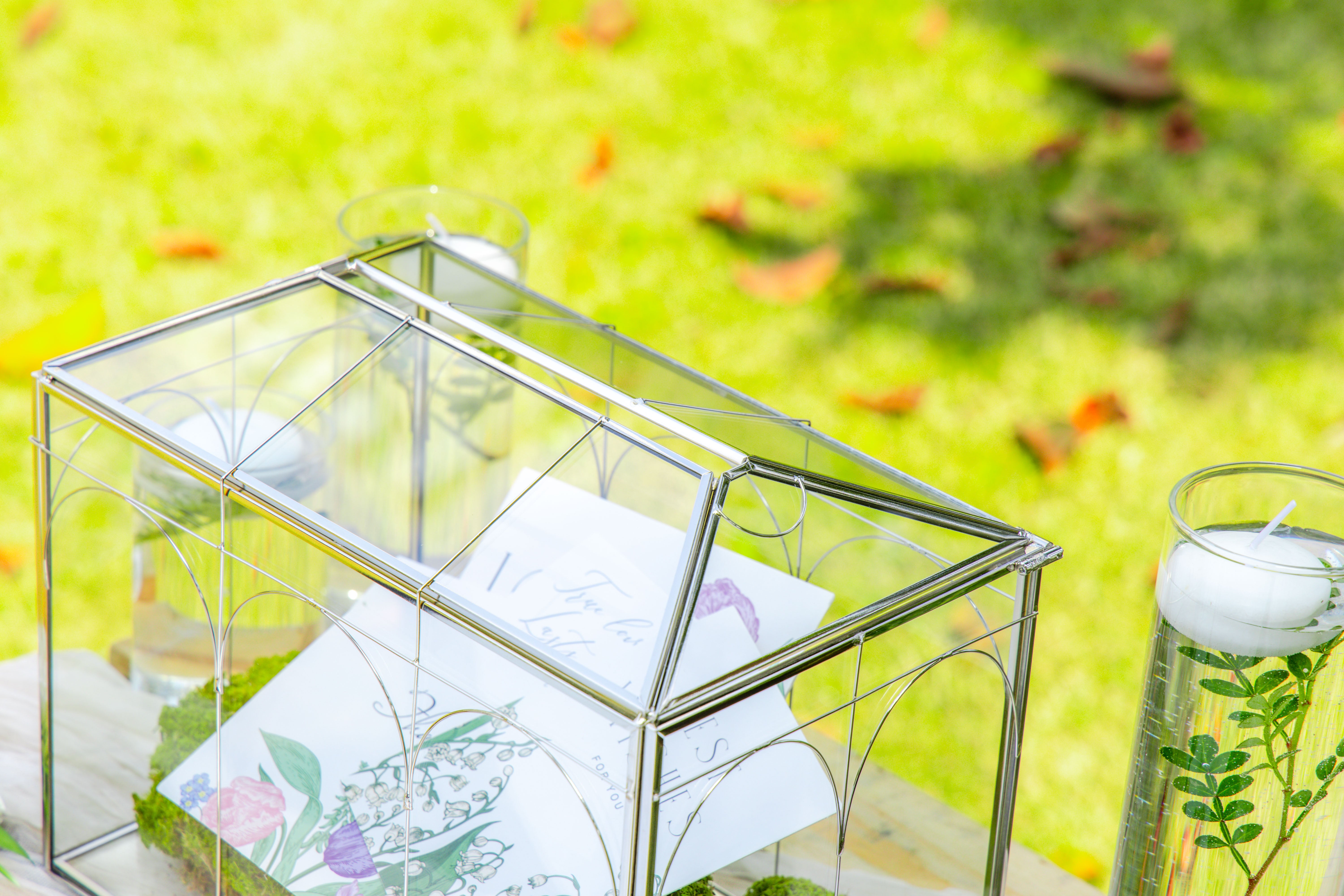 Vintage Silver Small Geometric Glass Card Box Terrarium with Heart Lock, Foot, Handmade Brass for Wedding Reception Wishwell Keepsake - NCYPgarden