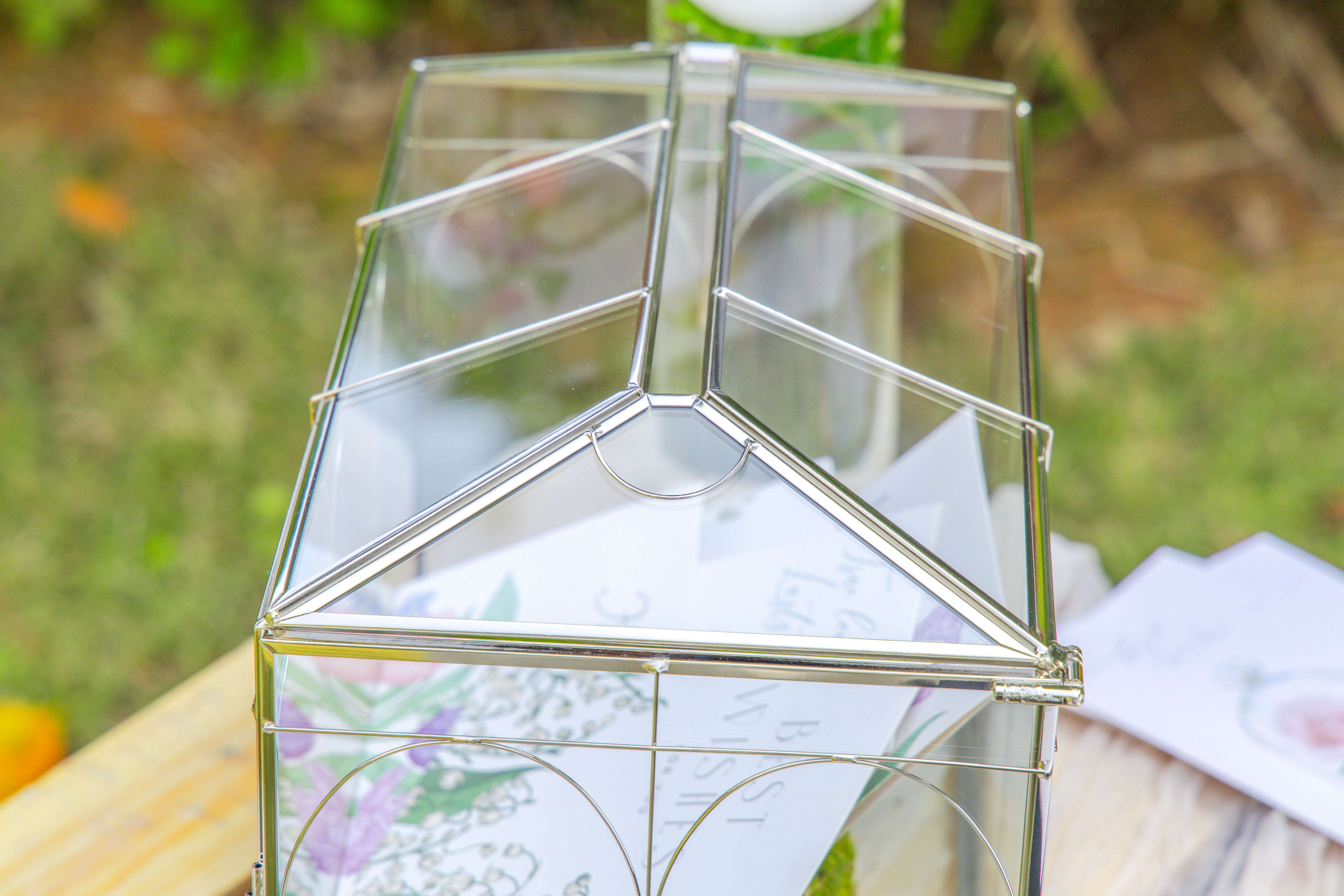 Vintage Silver Small Geometric Glass Card Box Terrarium with Heart Lock, Foot, Handmade Brass for Wedding Reception Wishwell Keepsake - NCYPgarden