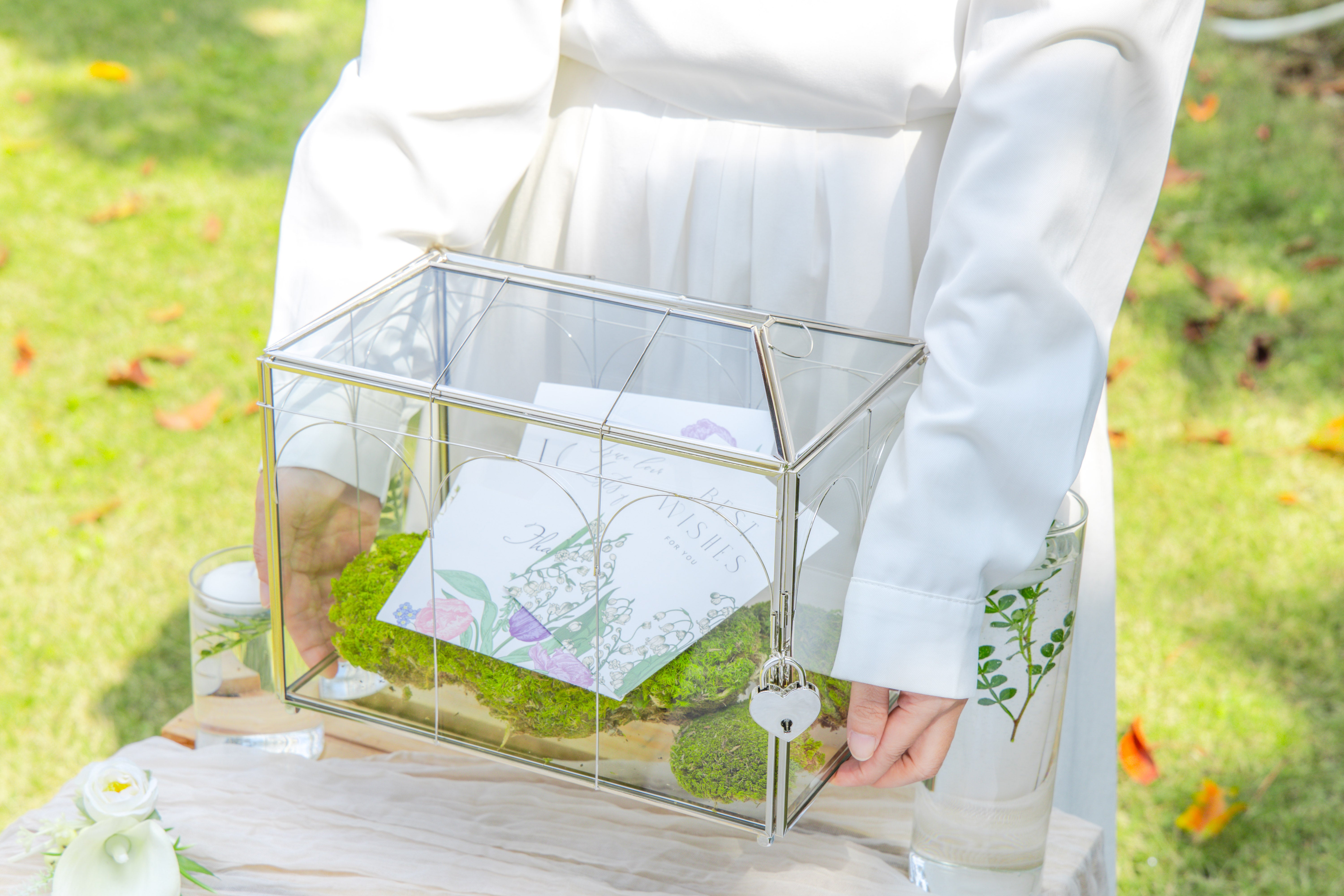 Vintage Silver Small Geometric Glass Card Box Terrarium with Heart Lock, Foot, Handmade Brass for Wedding Reception Wishwell Keepsake - NCYPgarden