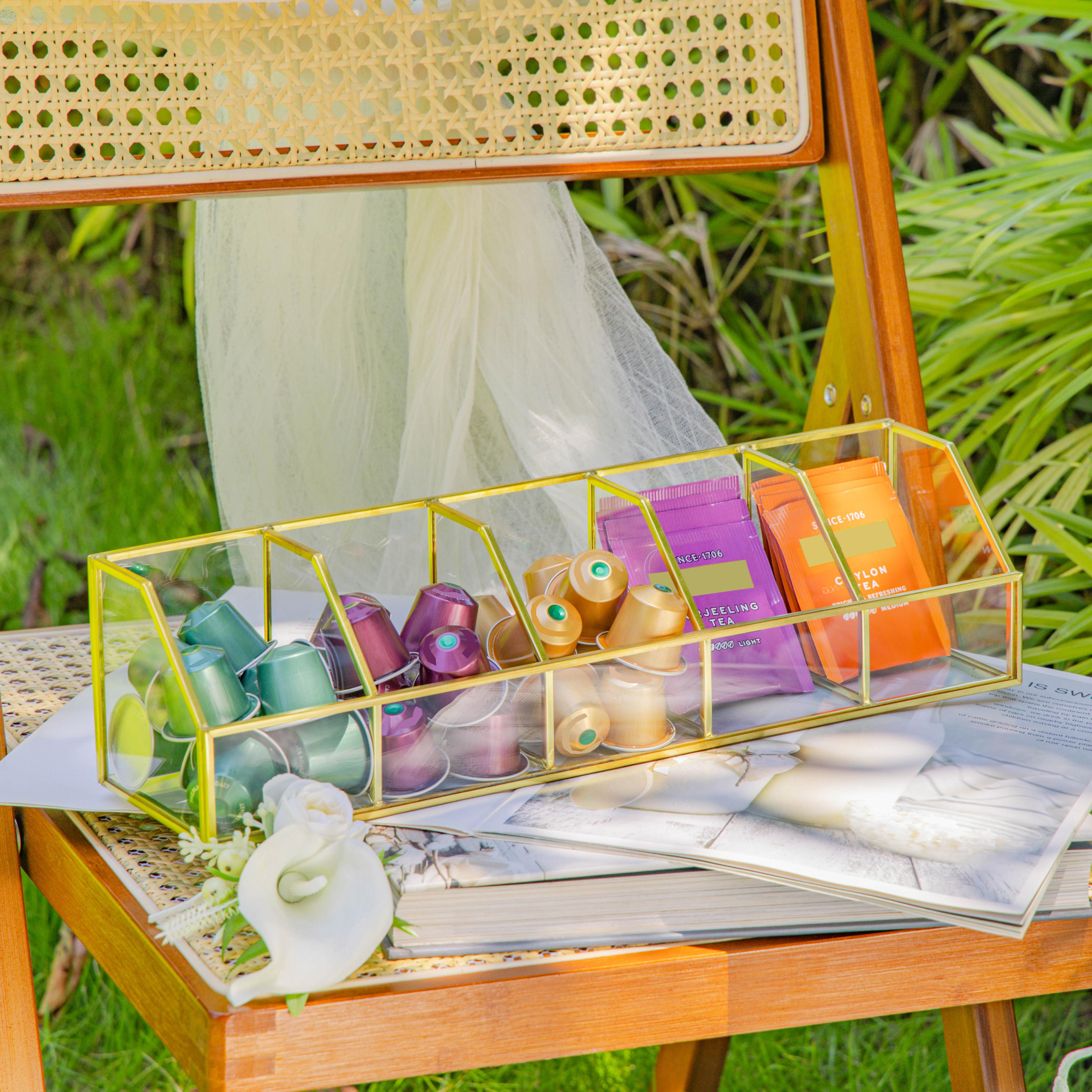 Glass Gold Tea Bag Box, 5 Compartments Box, Tea Lovers Gift Box, Tea Organizer, Christmas Gift