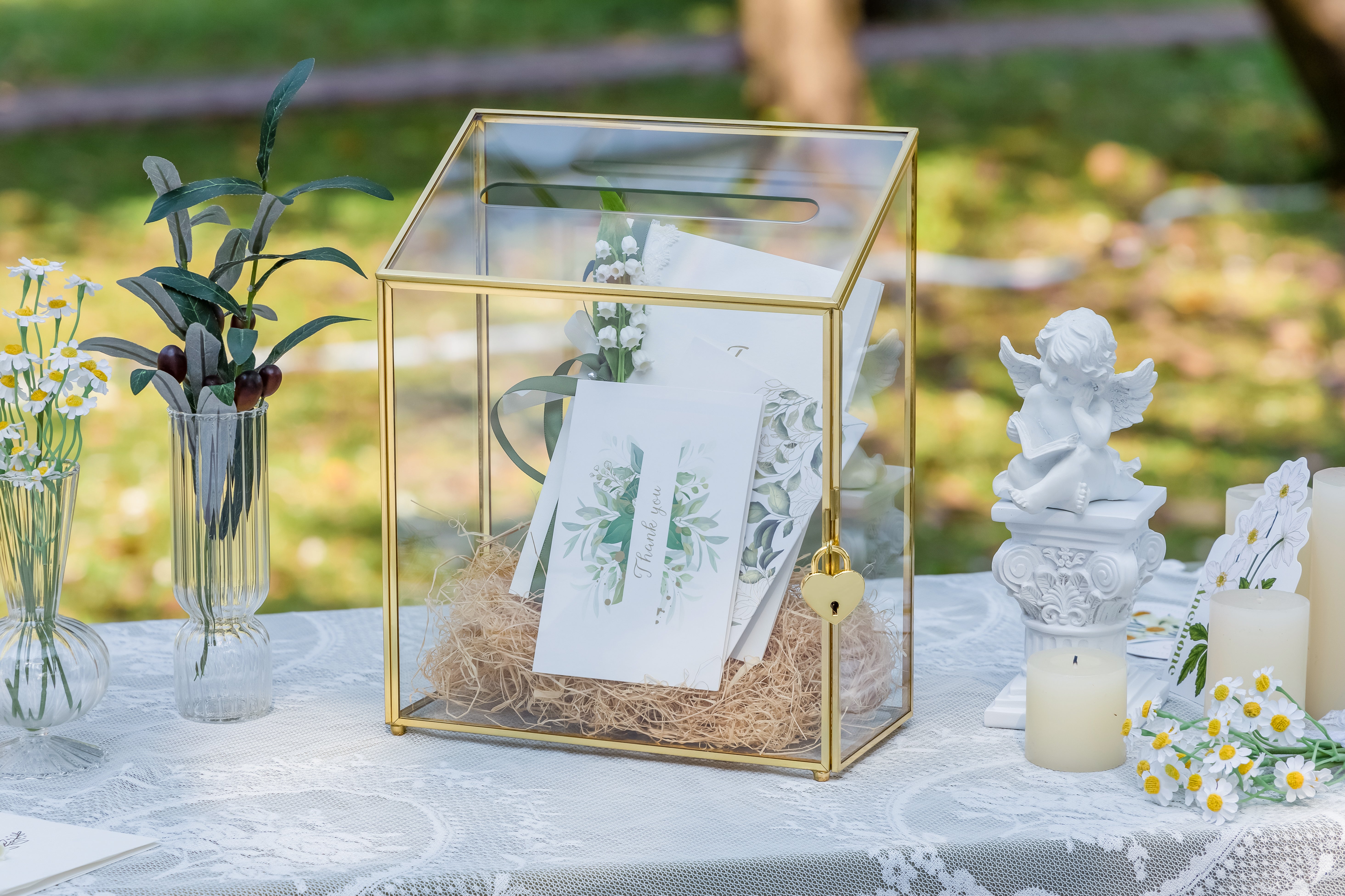 NCYP Wedding Card Box with Slot and Lock - 9.5x4.5x11.8 inches - Gold Glass Envelope Donation Box for Birthday Party Reception - Vintage Centerpiece, Decoration (Glass Box Only) - NCYPgarden