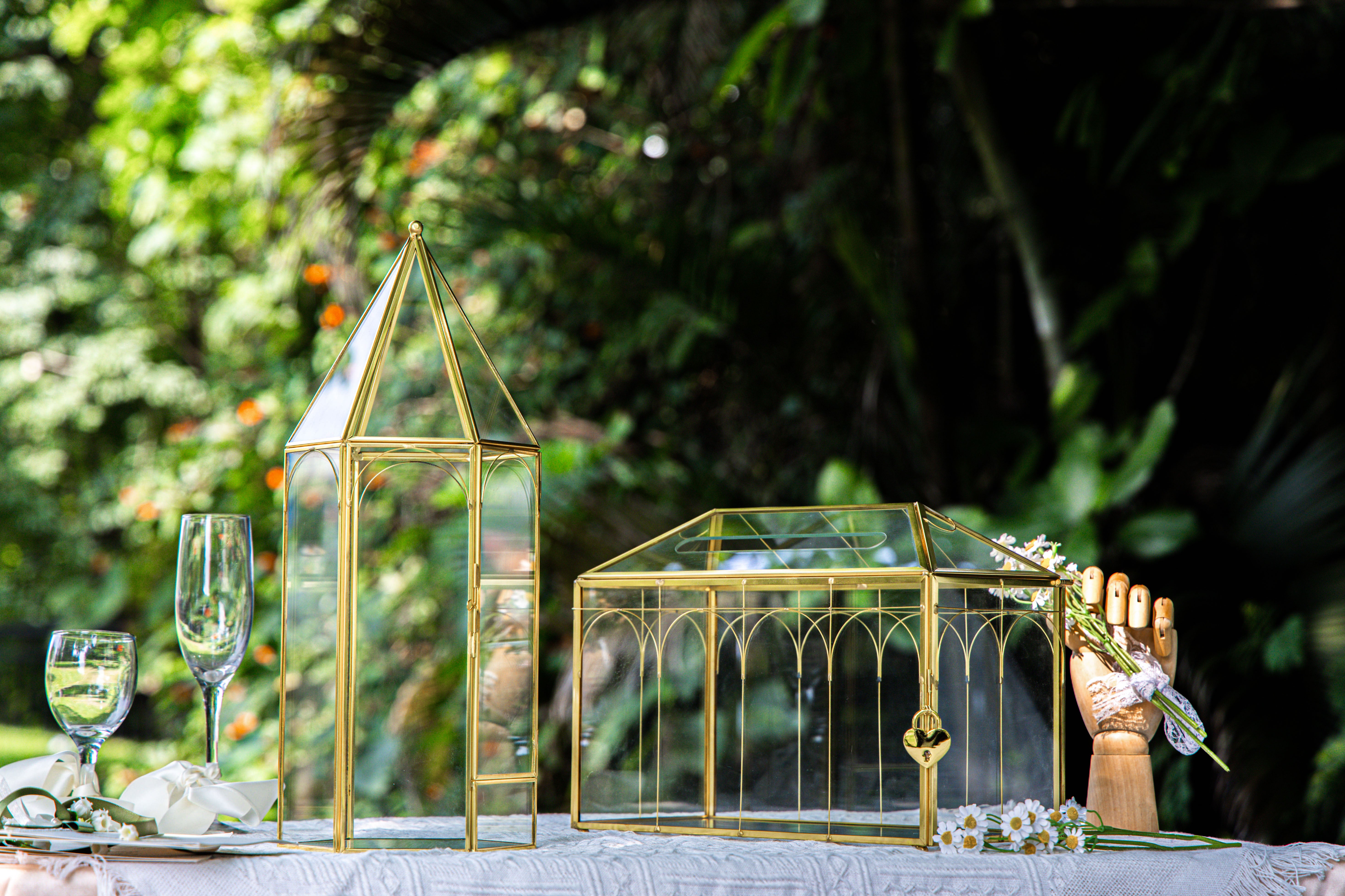 Handmade Gold Tall Tower Terrarium Glass Box for Ribbon Wands, Pens, Cancel Holder for Wedding, Reception, Wishing Well, Bridal Shower - NCYPgarden