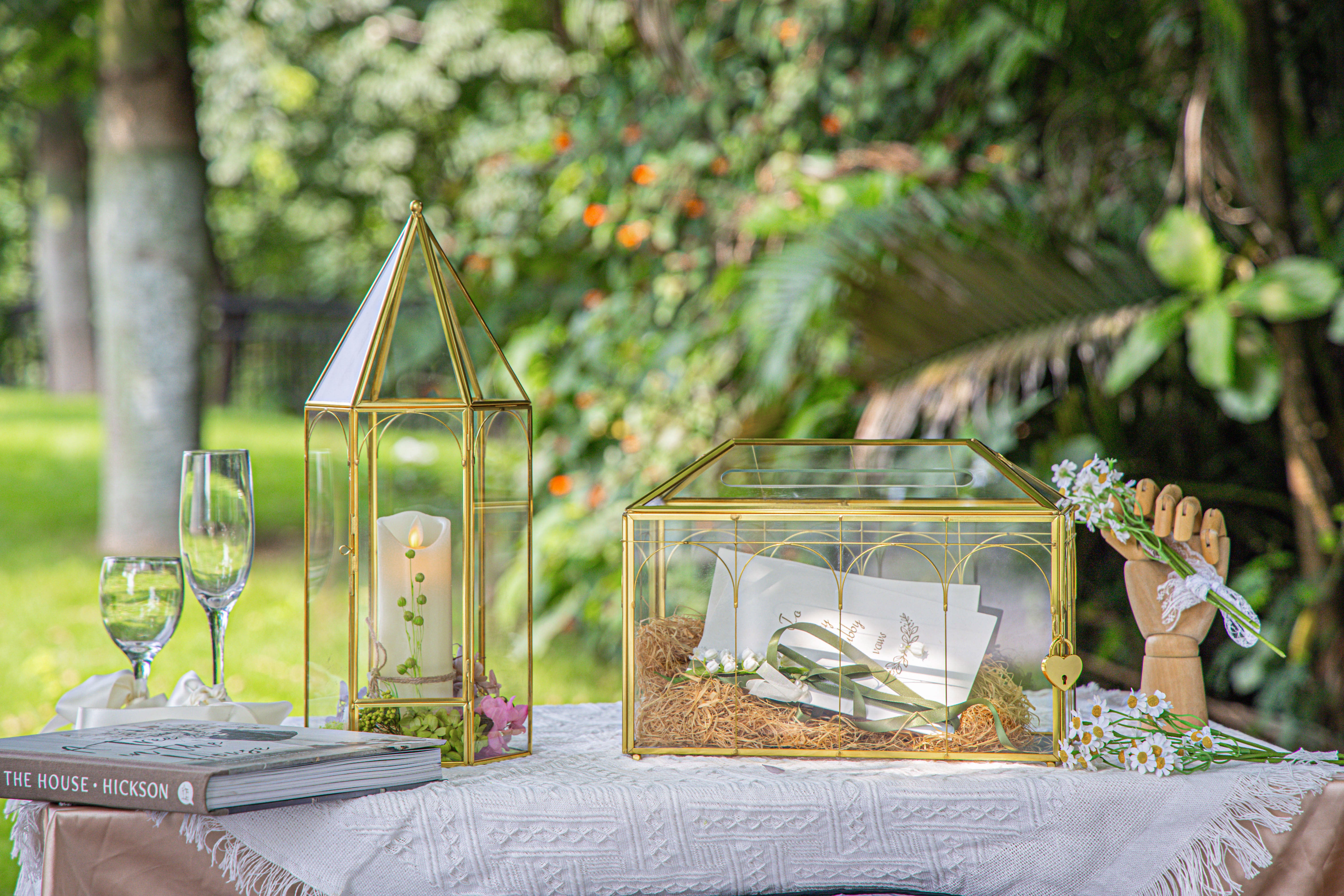 Handmade Gold Tall Tower Terrarium Glass Box for Ribbon Wands, Pens, Cancel Holder for Wedding, Reception, Wishing Well, Bridal Shower - NCYPgarden