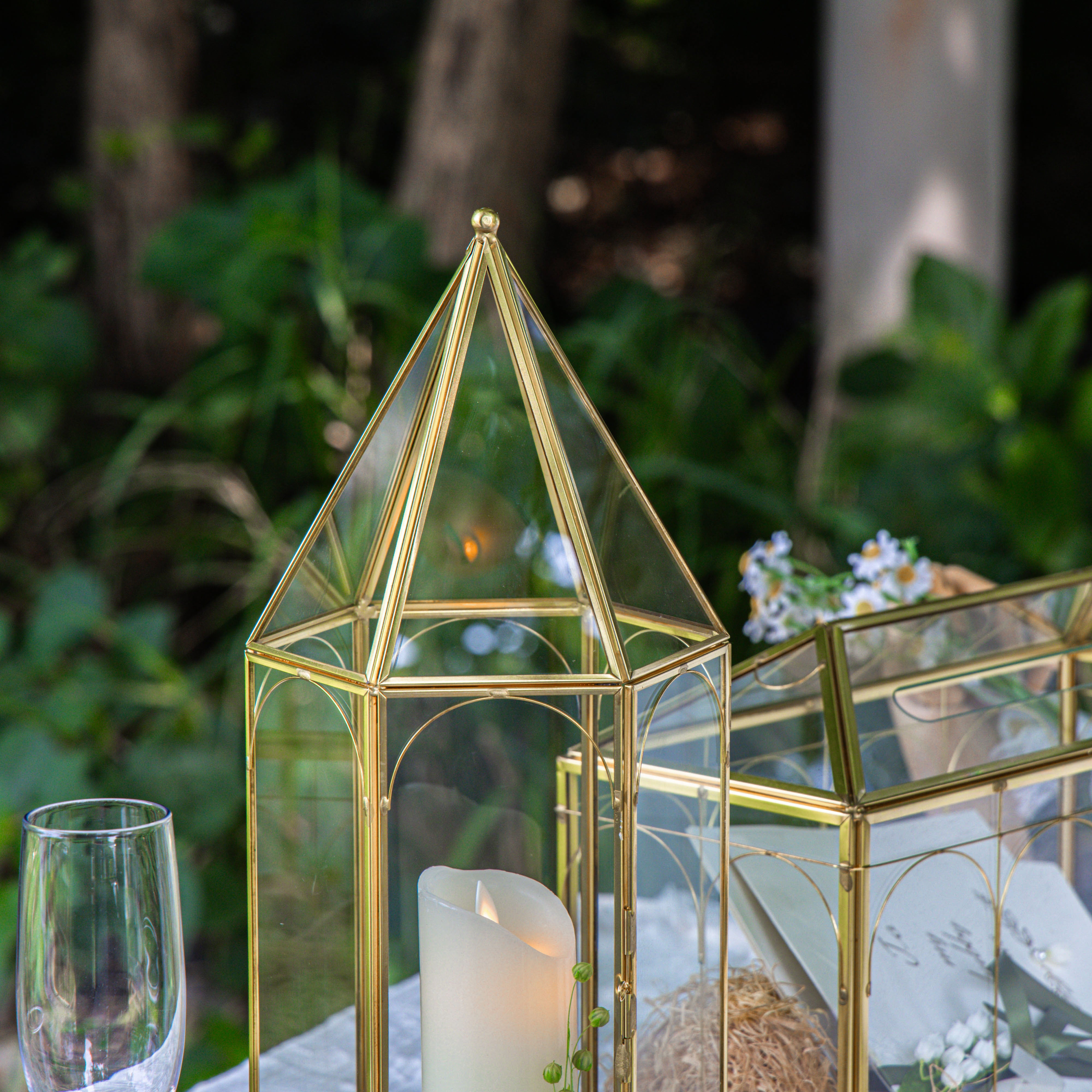 Handmade Gold Tall Tower Terrarium Glass Box for Ribbon Wands, Pens, Cancel Holder for Wedding, Reception, Wishing Well, Bridal Shower - NCYPgarden