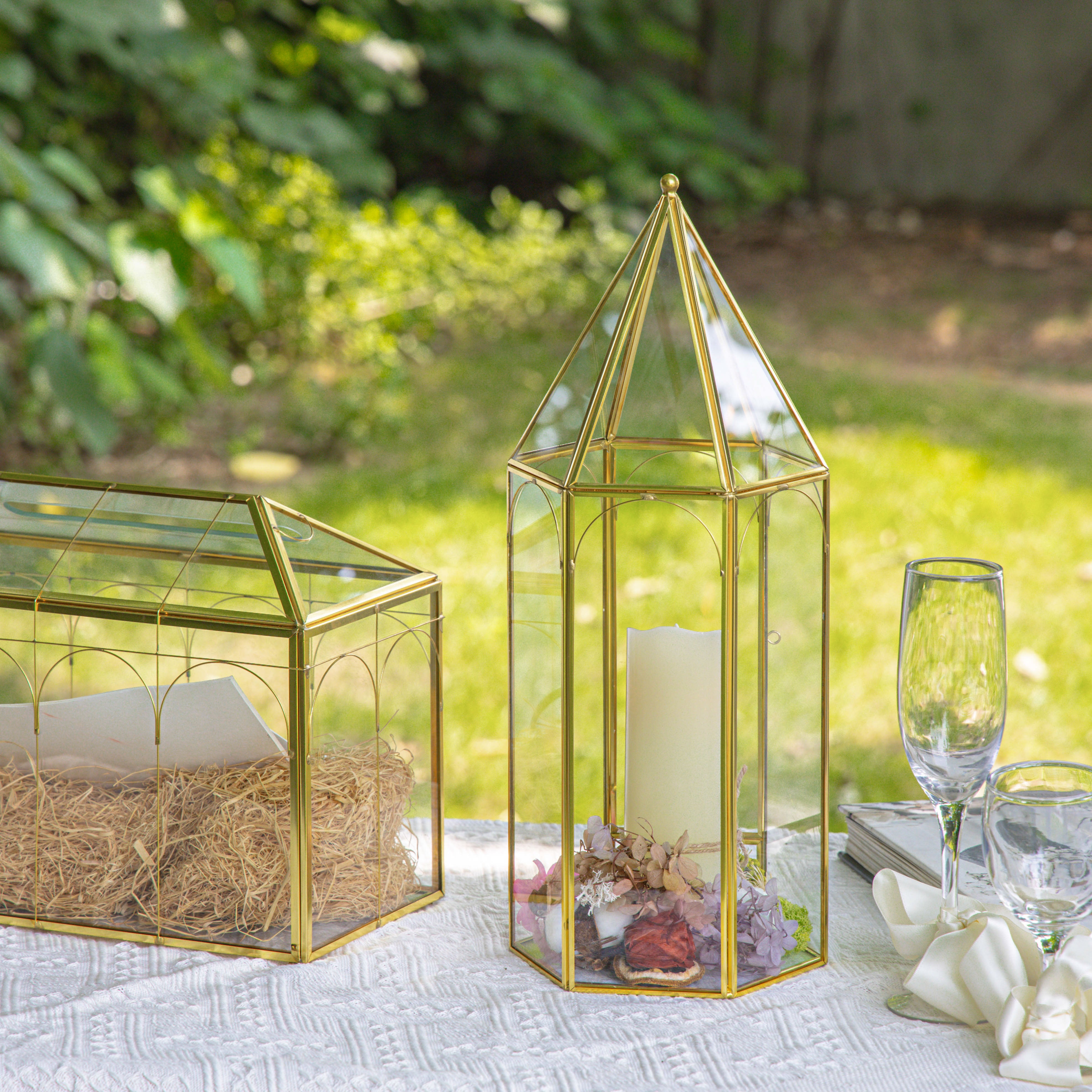 Handmade Gold Tall Tower Terrarium Glass Box for Ribbon Wands, Pens, Cancel Holder for Wedding, Reception, Wishing Well, Bridal Shower - NCYPgarden
