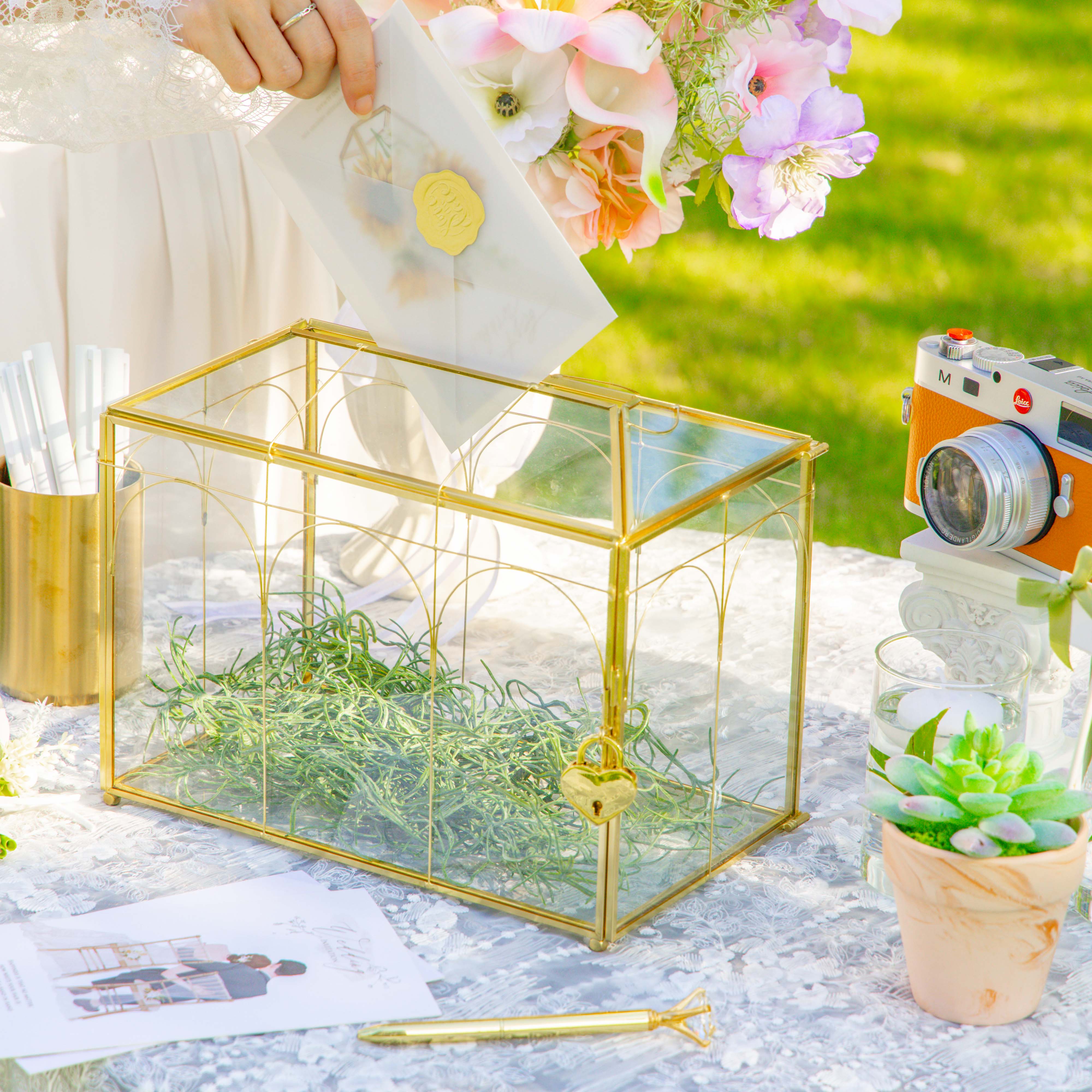 10.2" Handmade victorian Church  Gold Wedding Card Box with Slot and Lock - NCYPgarden