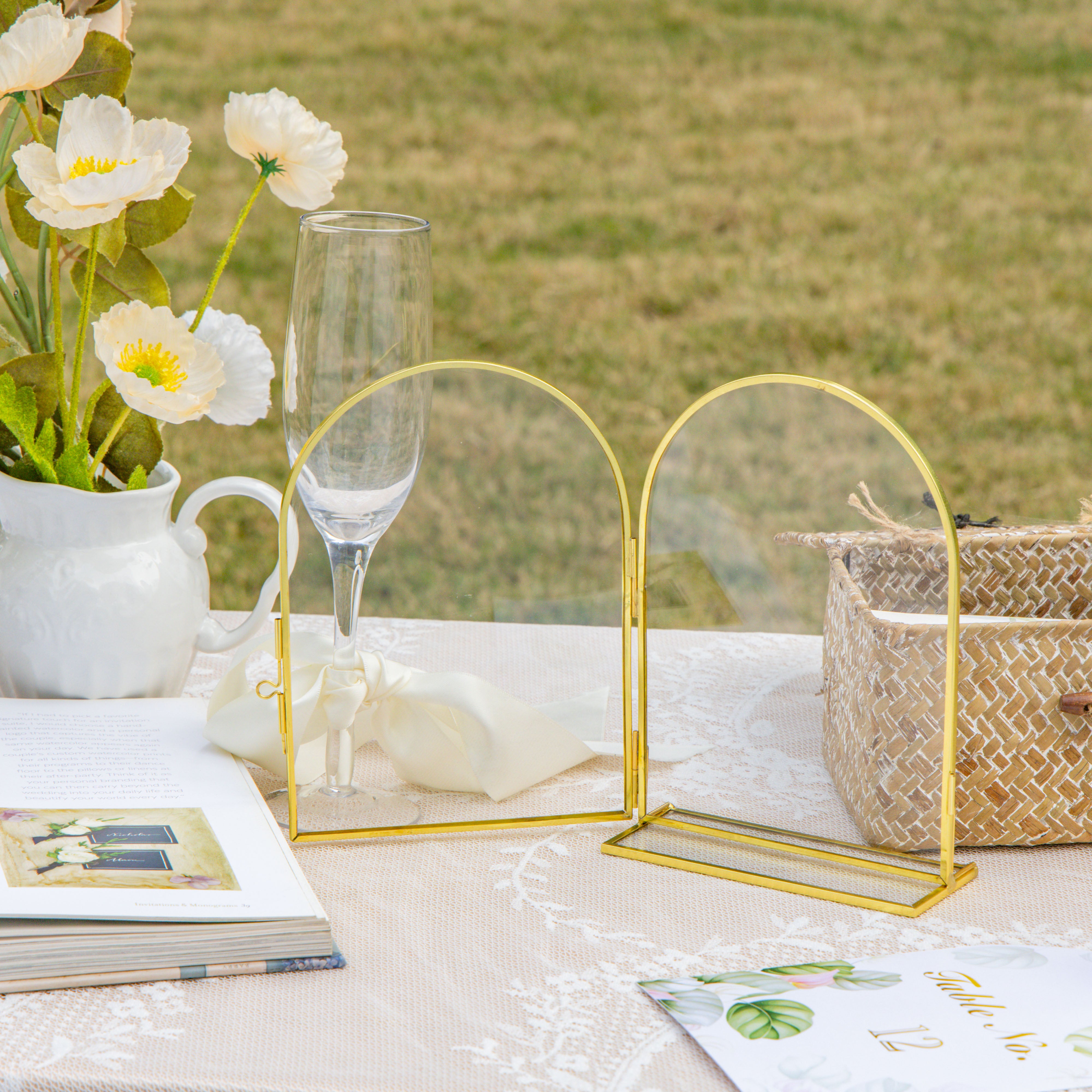 5x7'' Arched Brass and Double Glass Frame,  for Pressed Flowers, Table Number Holder - NCYPgarden