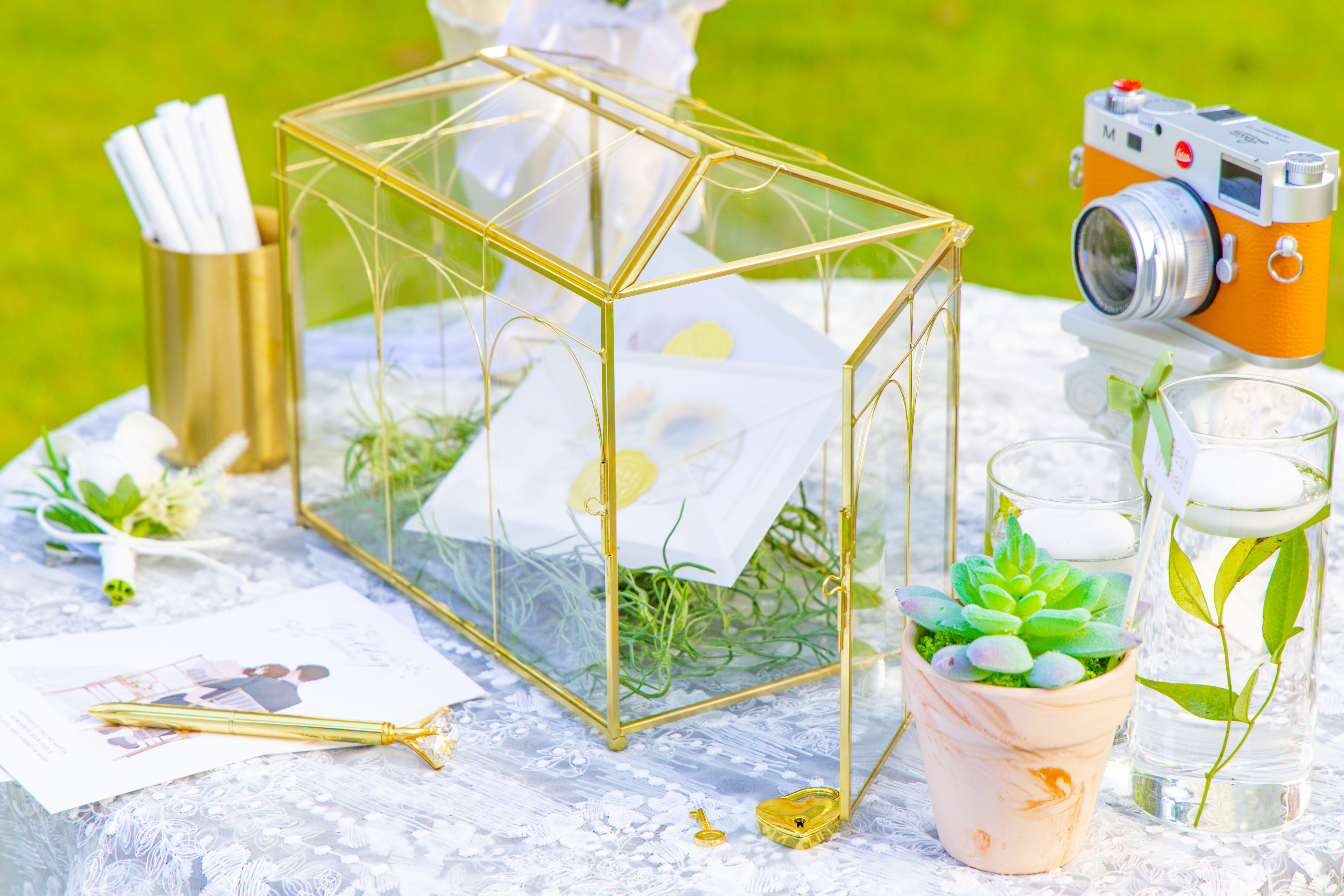 10.2" Handmade victorian Church  Gold Wedding Card Box with Slot and Lock - NCYPgarden