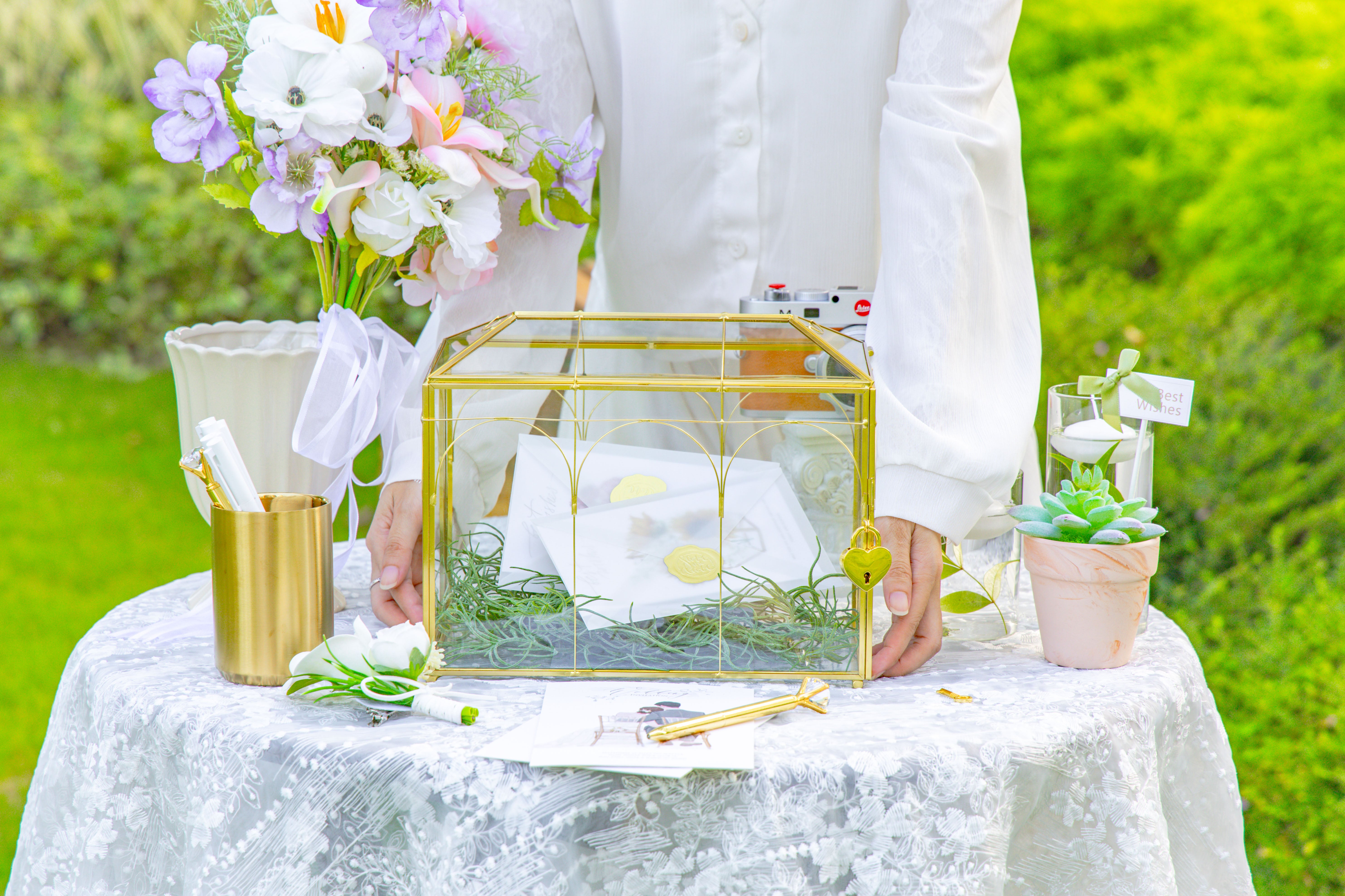 10.2" Handmade victorian Church  Gold Wedding Card Box with Slot and Lock - NCYPgarden