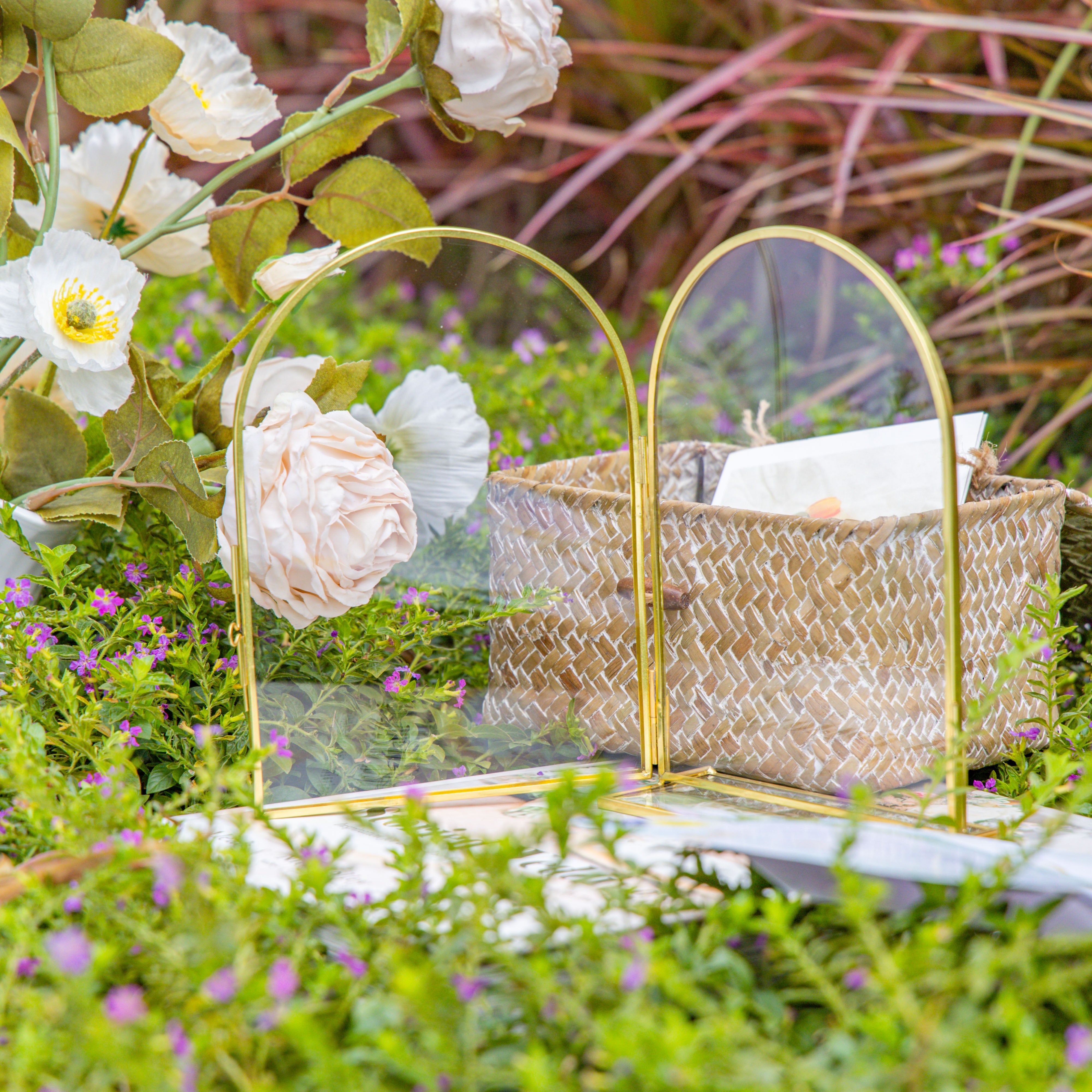 5x7'' Arched Brass and Double Glass Frame,  for Pressed Flowers, Table Number Holder - NCYPgarden