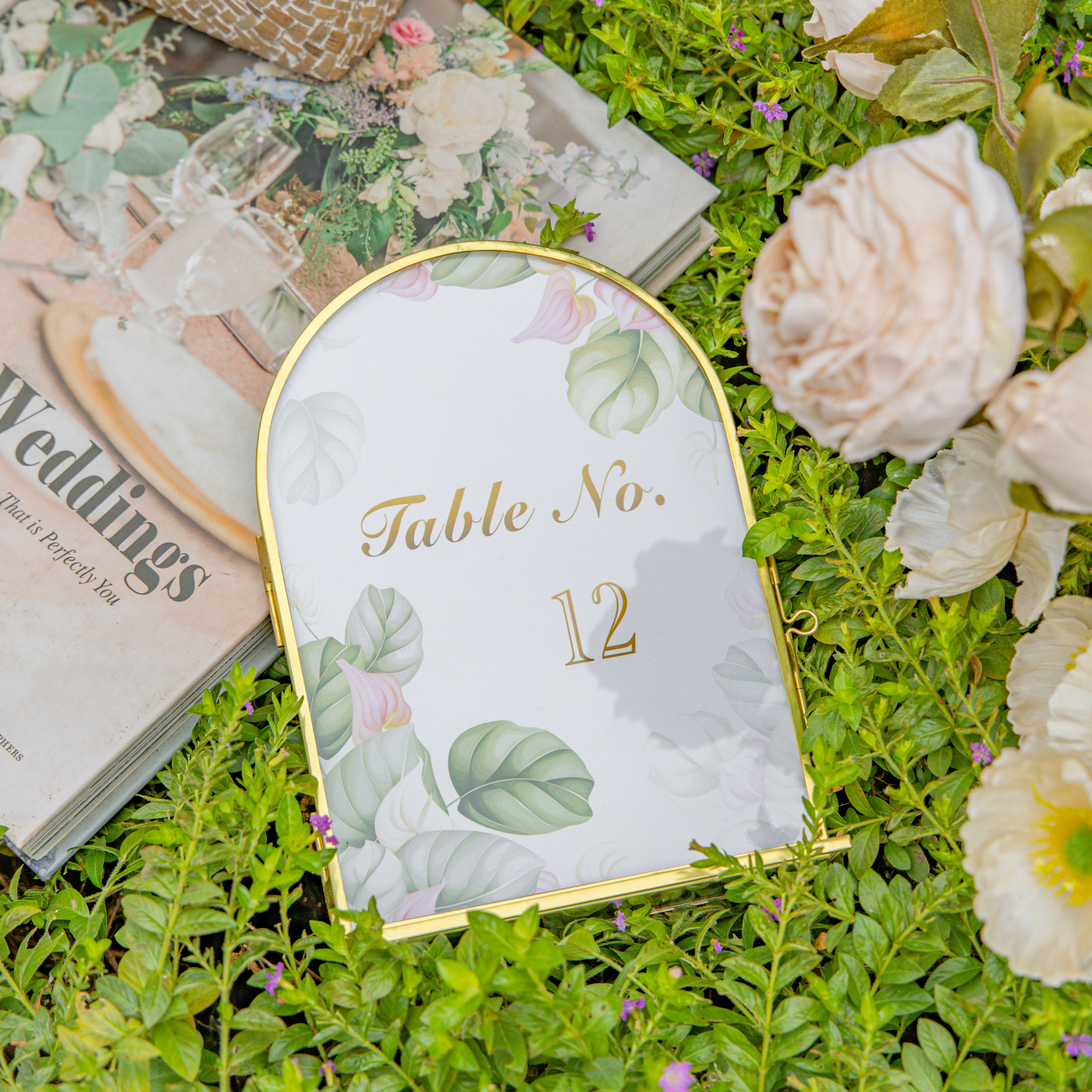 5x7'' Arched Brass and Double Glass Frame,  for Pressed Flowers, Table Number Holder - NCYPgarden