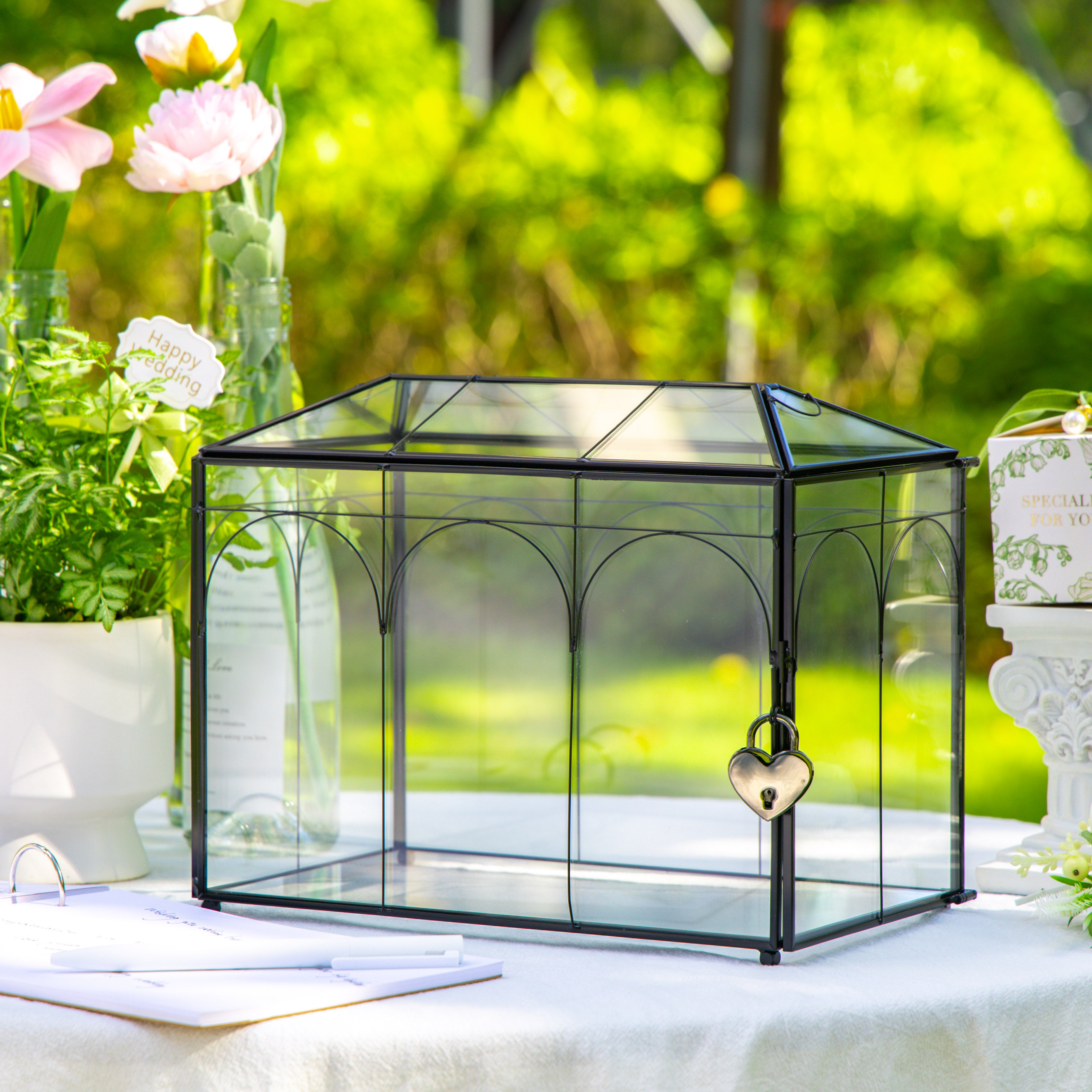 10.2" Handmade Black Wedding Card Box with Slot and Lock, Size Small, for Reception - NCYPgarden