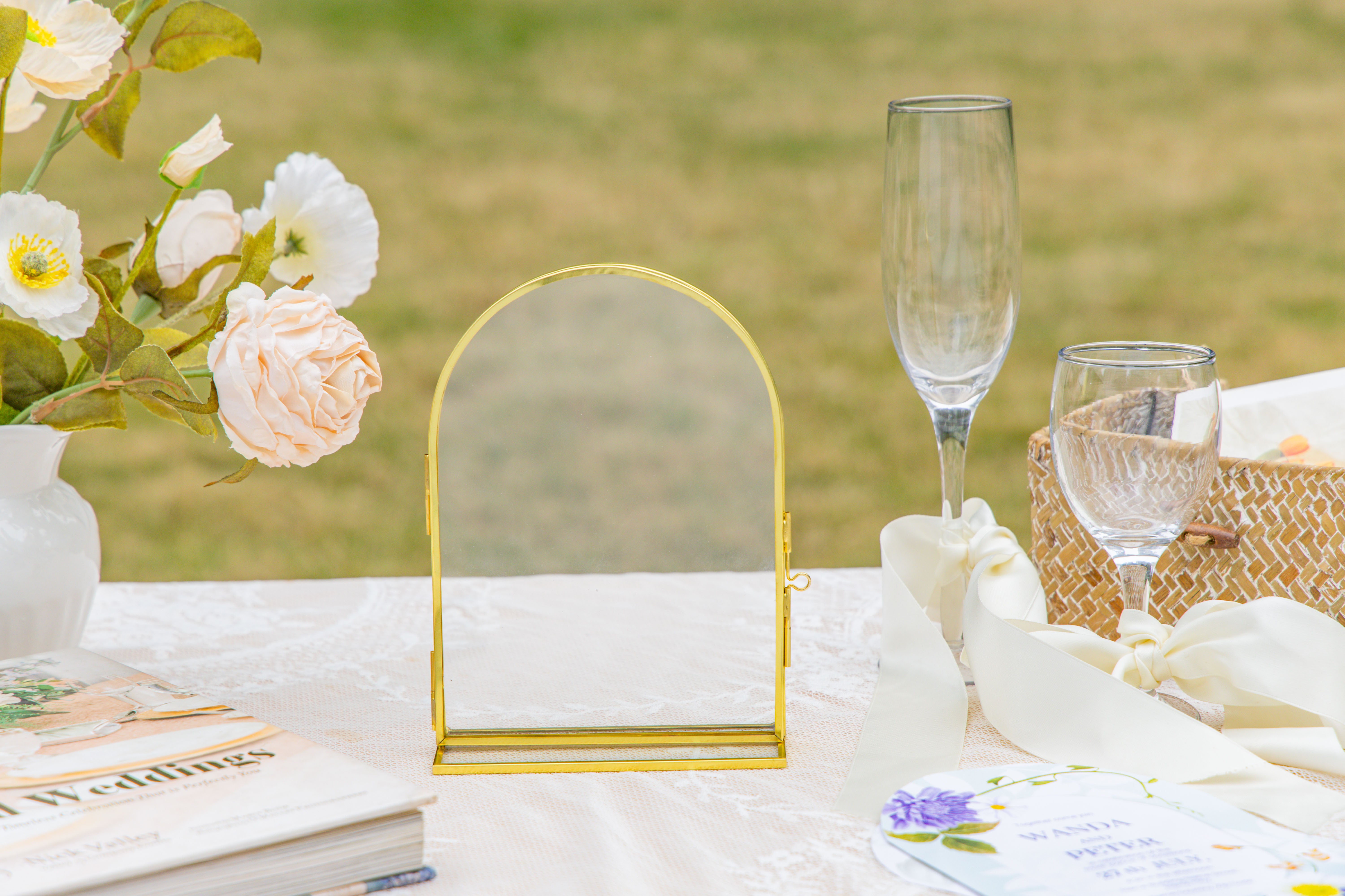 5x7'' Arched Brass and Double Glass Frame,  for Pressed Flowers, Table Number Holder - NCYPgarden