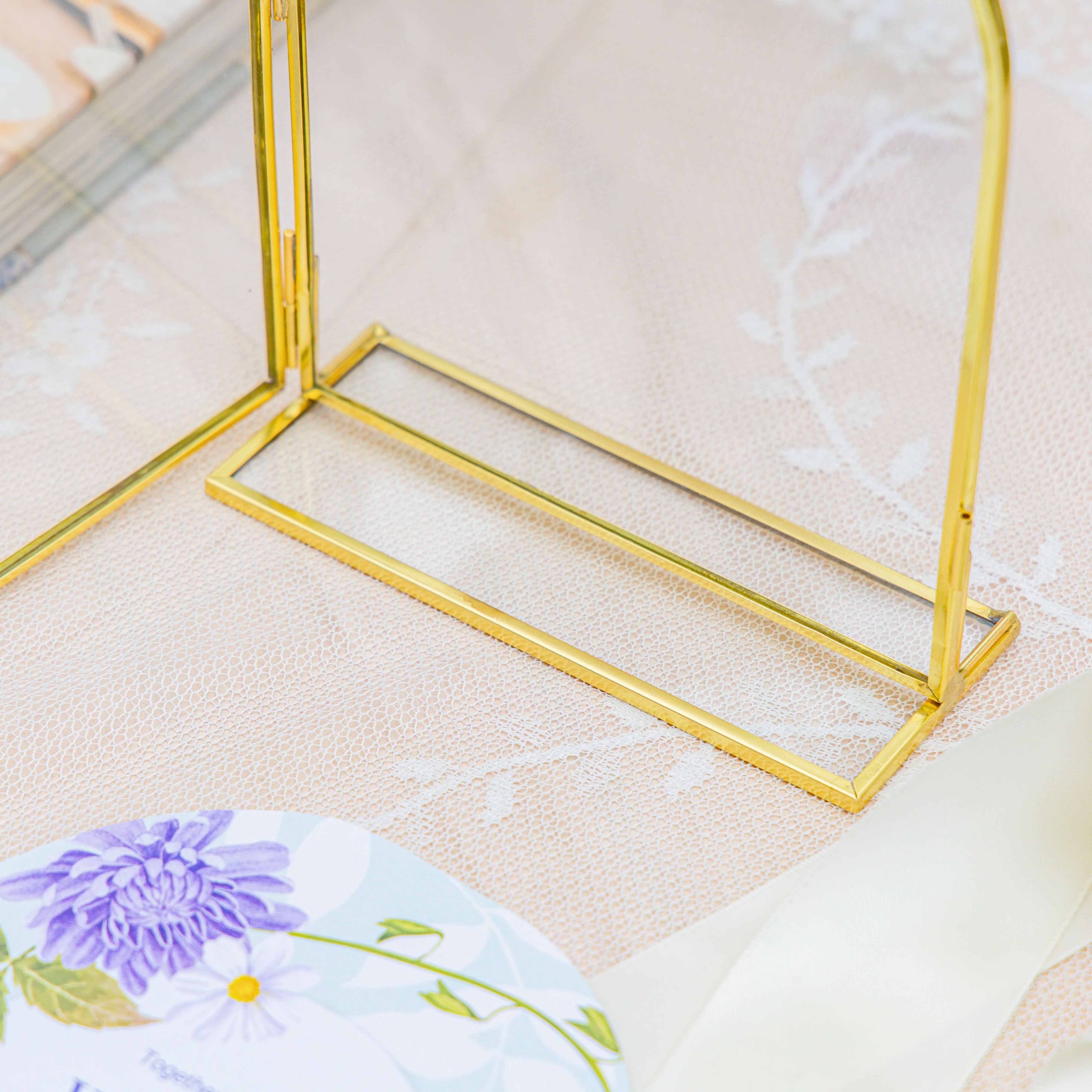 5x7'' Arched Brass and Double Glass Frame,  for Pressed Flowers, Table Number Holder - NCYPgarden