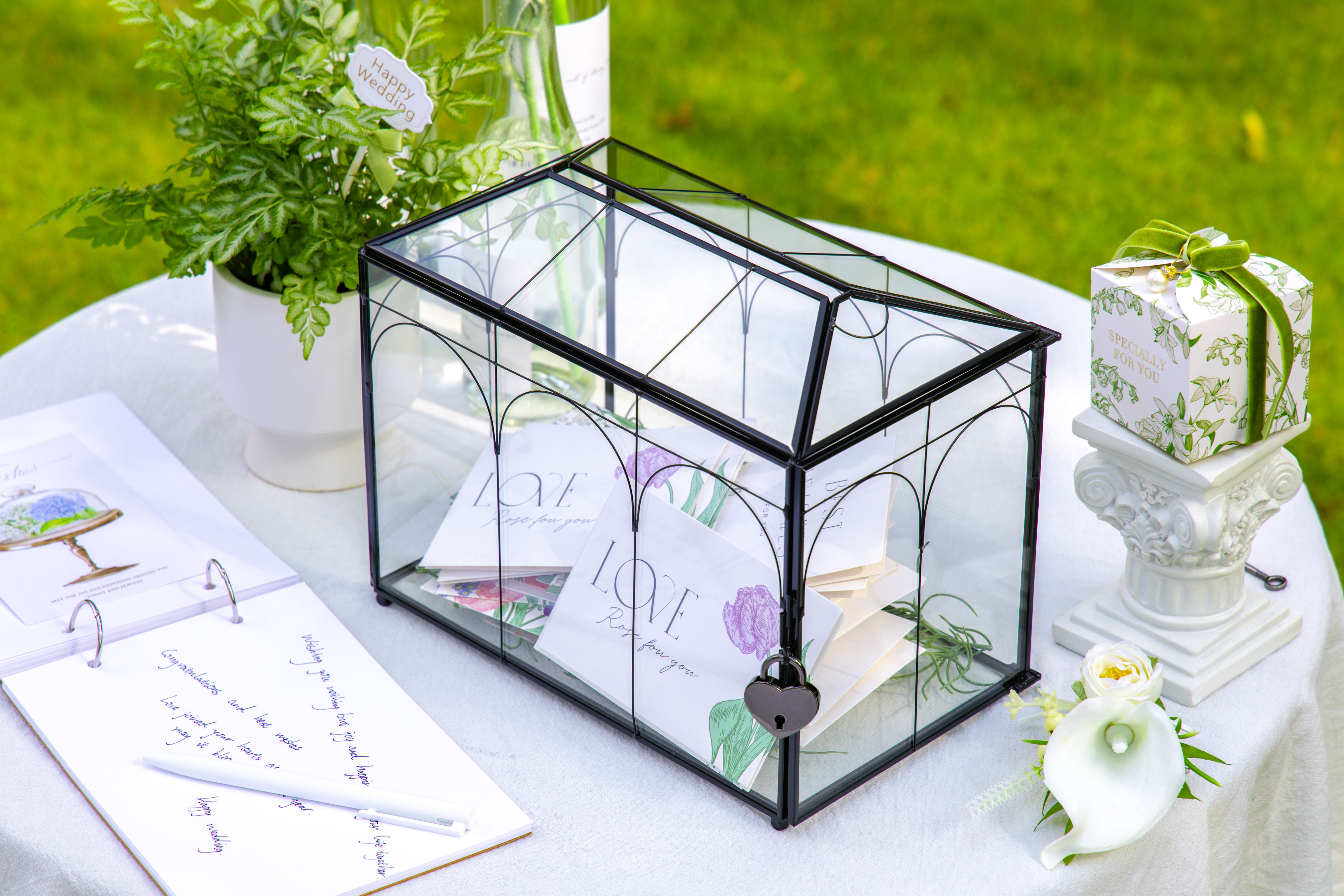 10.2" Handmade Black Wedding Card Box with Slot and Lock, Size Small, for Reception - NCYPgarden