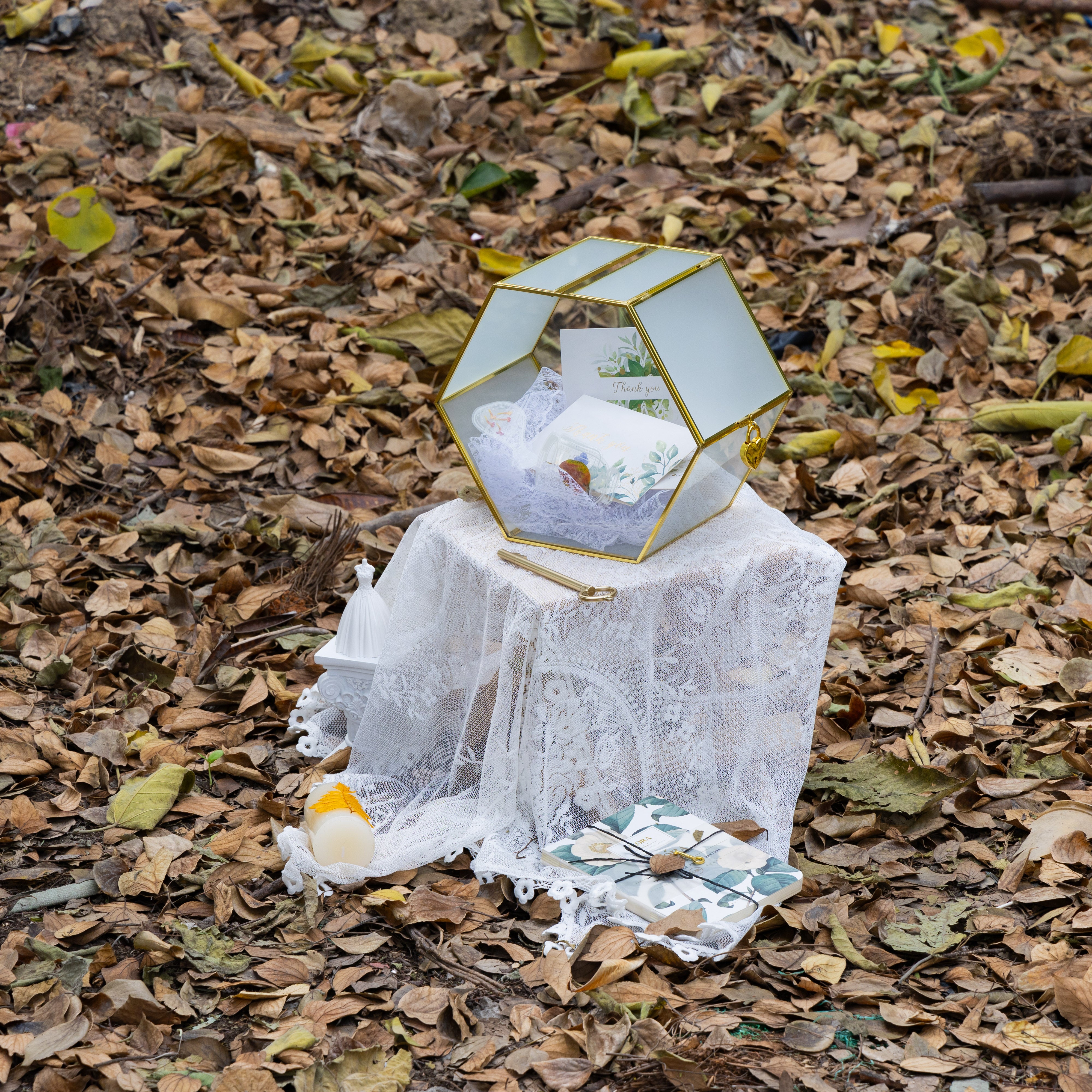 Hexagon Gold Brass and Glass Card box, Lockable, with slot for wedding, wishwell, babyshower - NCYPgarden