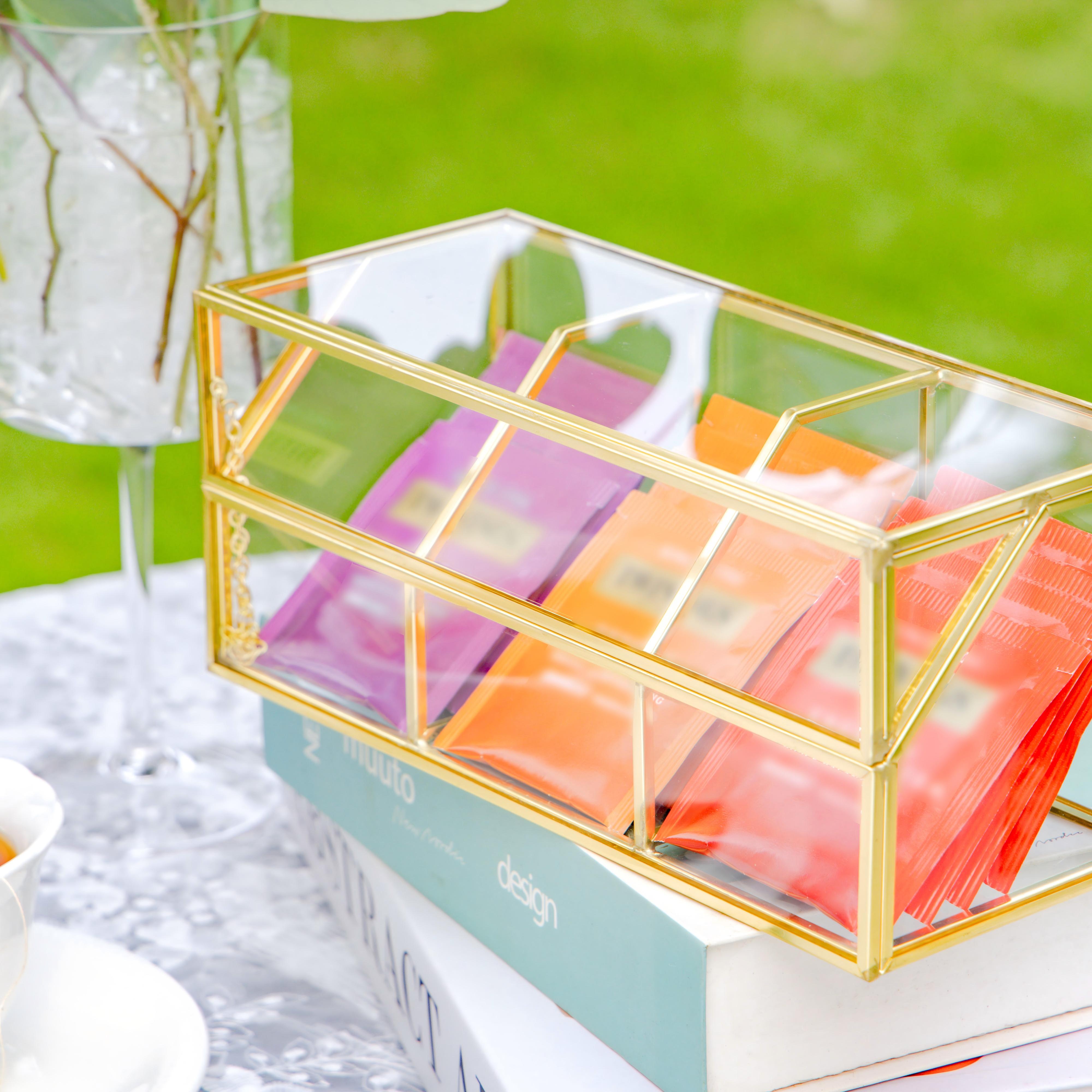 Glass Gold Tea Bag Box, 3 Compartments and Lid Storage Box, Tea Lovers Gift Box, Tea Organizer, Christmas Gift - NCYPgarden