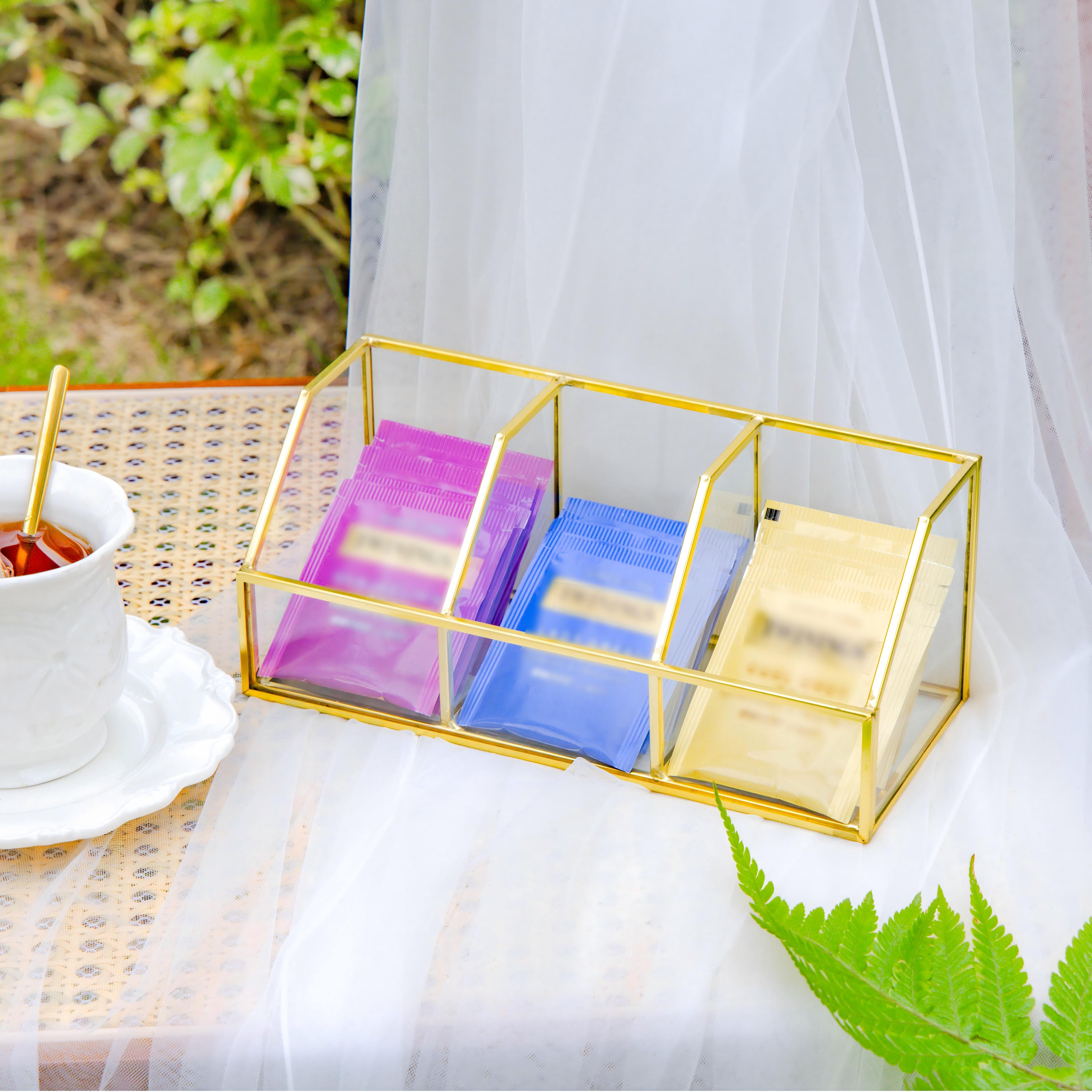 Glass Gold Tea Bag Box, 3 Compartments Box, Tea Lovers Gift Box, Tea Organizer, Christmas Gift - NCYPgarden
