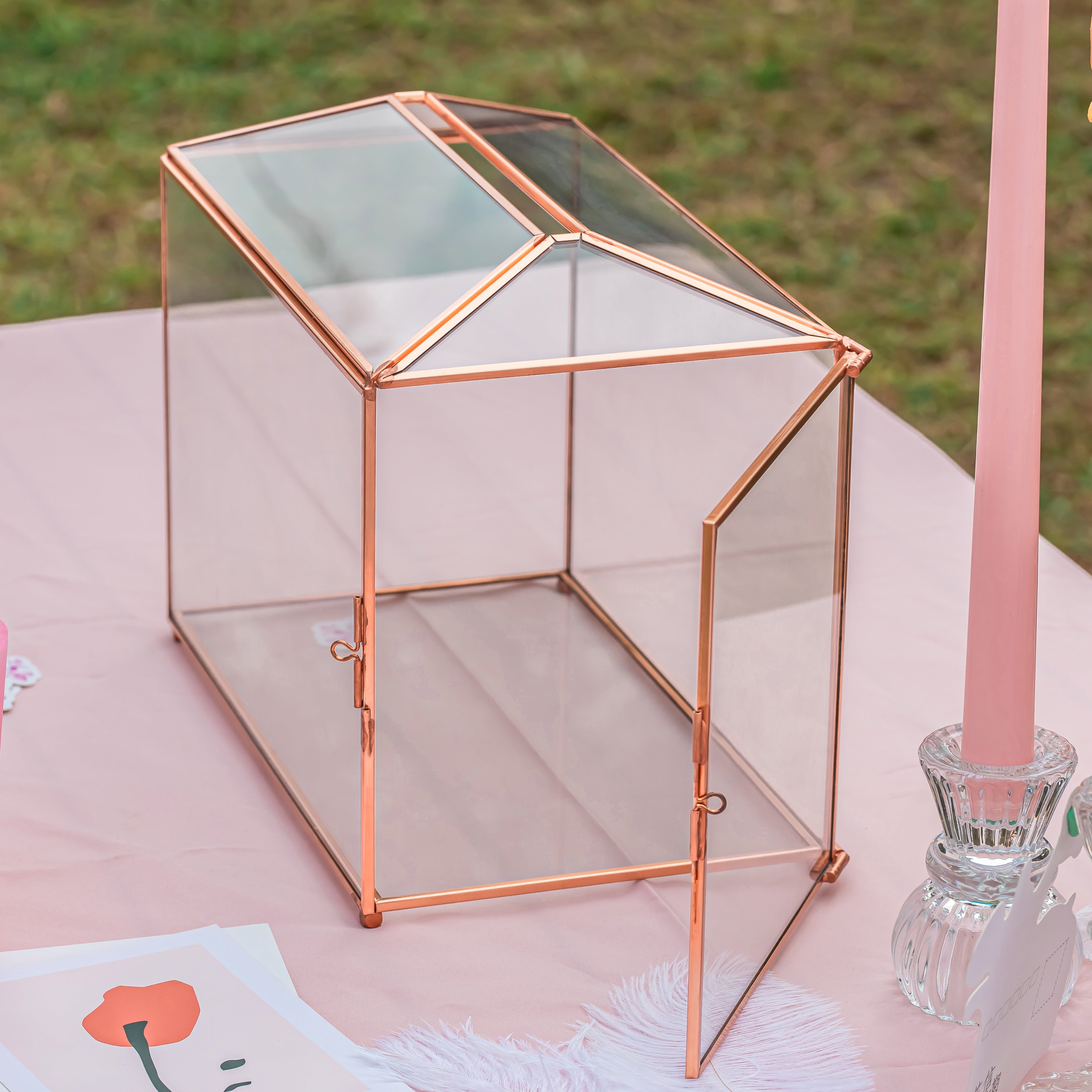 US Rose Gold Pink Pure Copper Standard Large Geometric Glass Card Box Terrarium with Slot, Lock, Handmade for Wedding Reception Wishwell - NCYPgarden