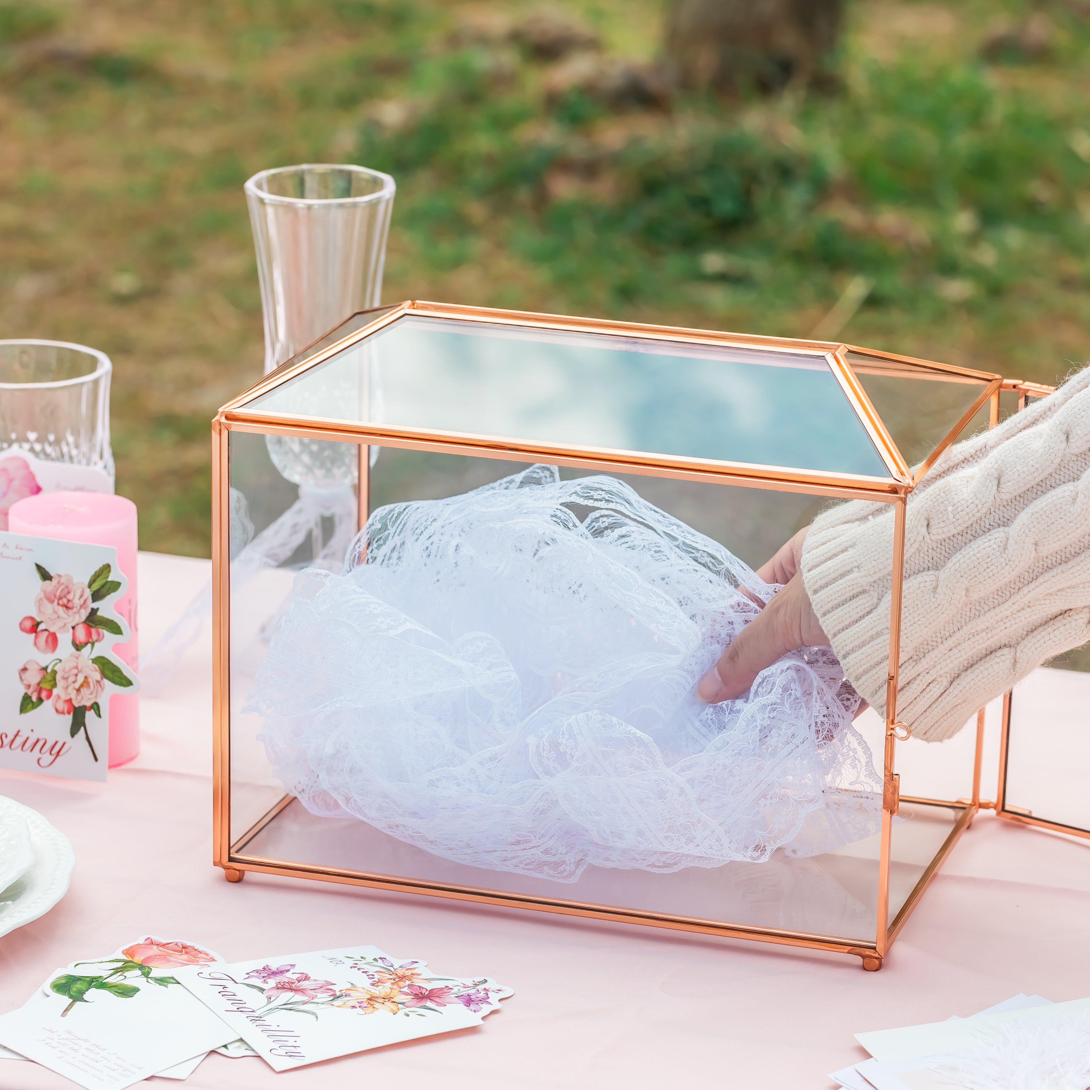 US Rose Gold Pink Pure Copper Standard Large Geometric Glass Card Box Terrarium with Slot, Lock, Handmade for Wedding Reception Wishwell - NCYPgarden