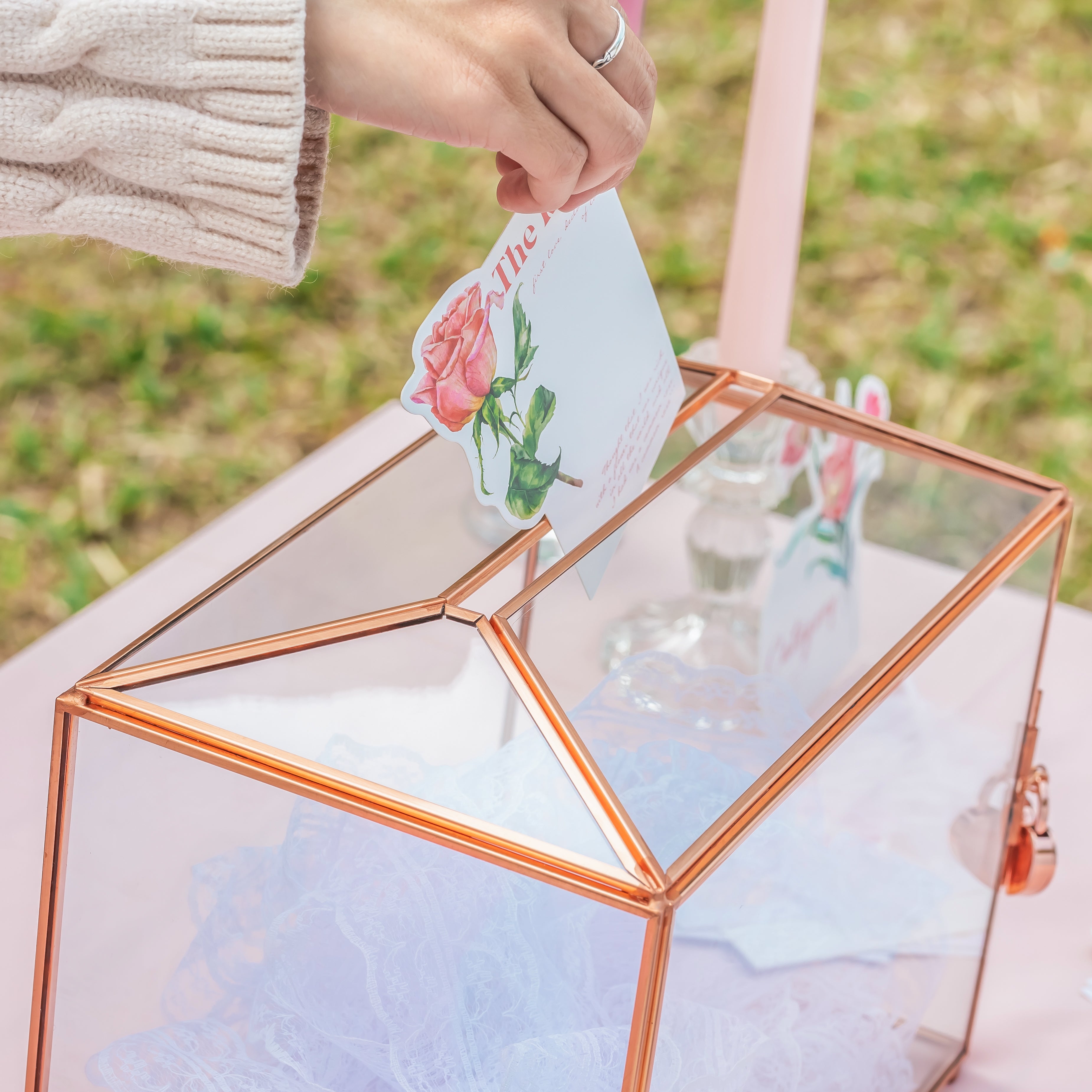 US Rose Gold Pink Pure Copper Standard Large Geometric Glass Card Box Terrarium with Slot, Lock, Handmade for Wedding Reception Wishwell - NCYPgarden