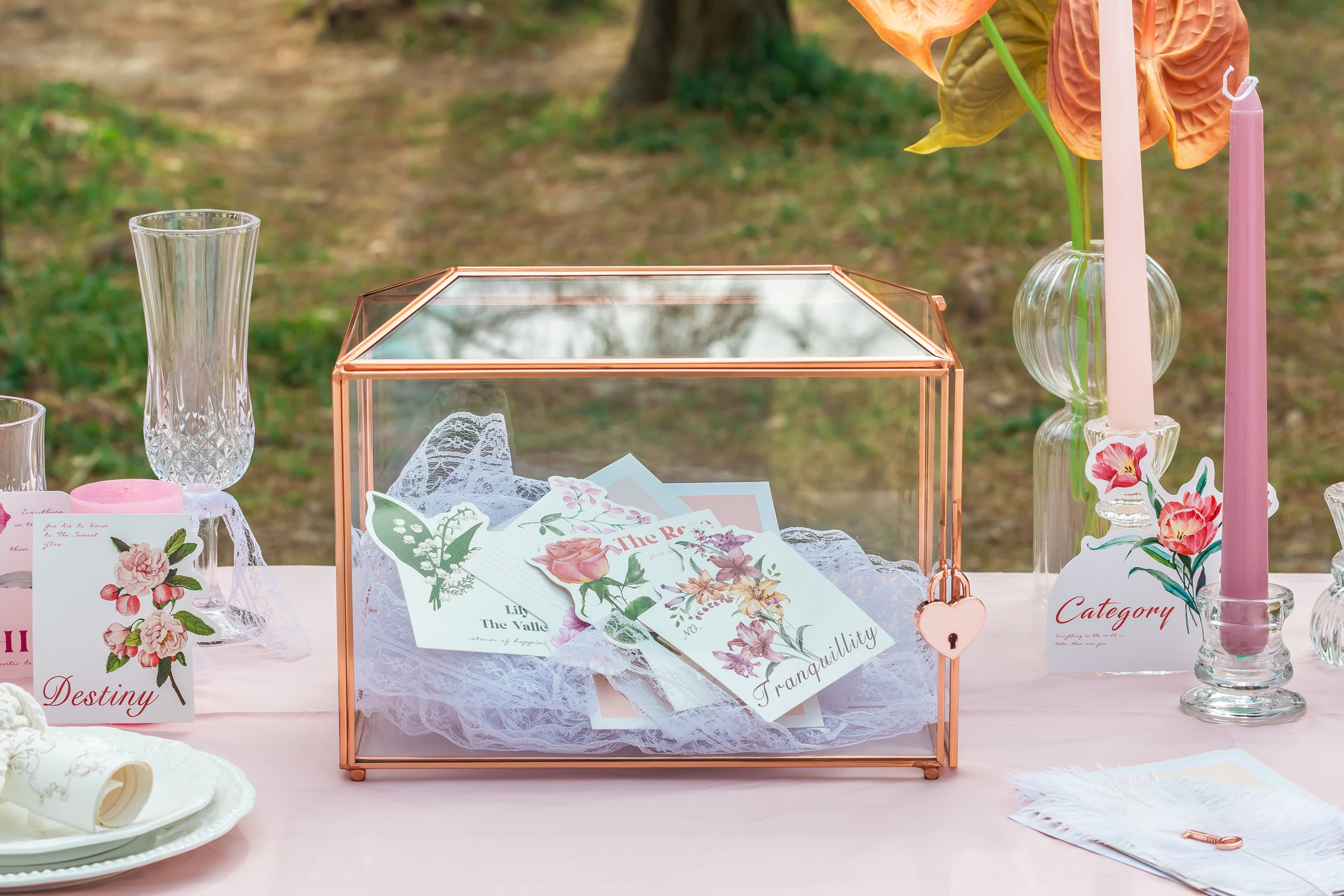 US Rose Gold Pink Pure Copper Standard Large Geometric Glass Card Box Terrarium with Slot, Lock, Handmade for Wedding Reception Wishwell - NCYPgarden