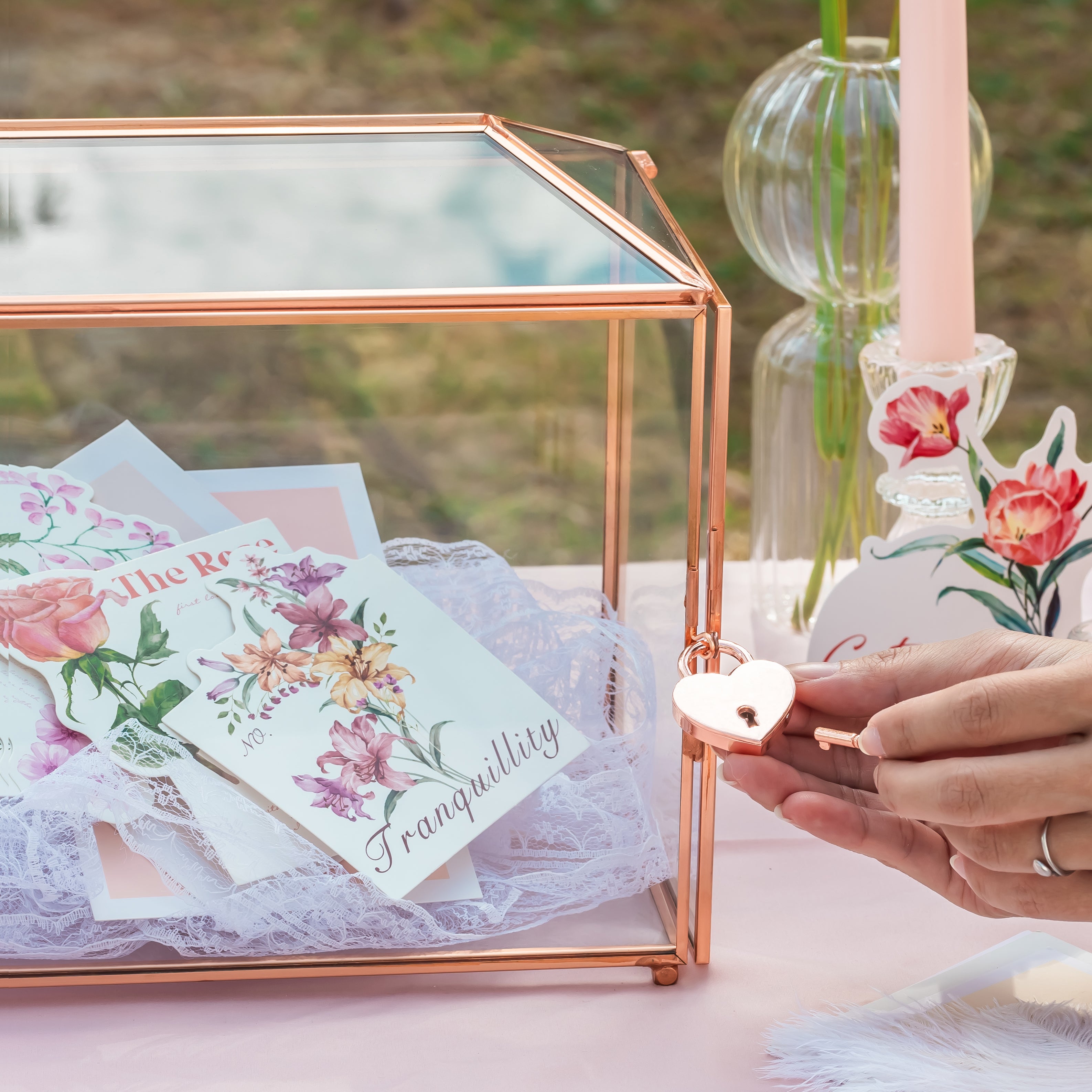 US Rose Gold Pink Pure Copper Standard Large Geometric Glass Card Box Terrarium with Slot, Lock, Handmade for Wedding Reception Wishwell - NCYPgarden