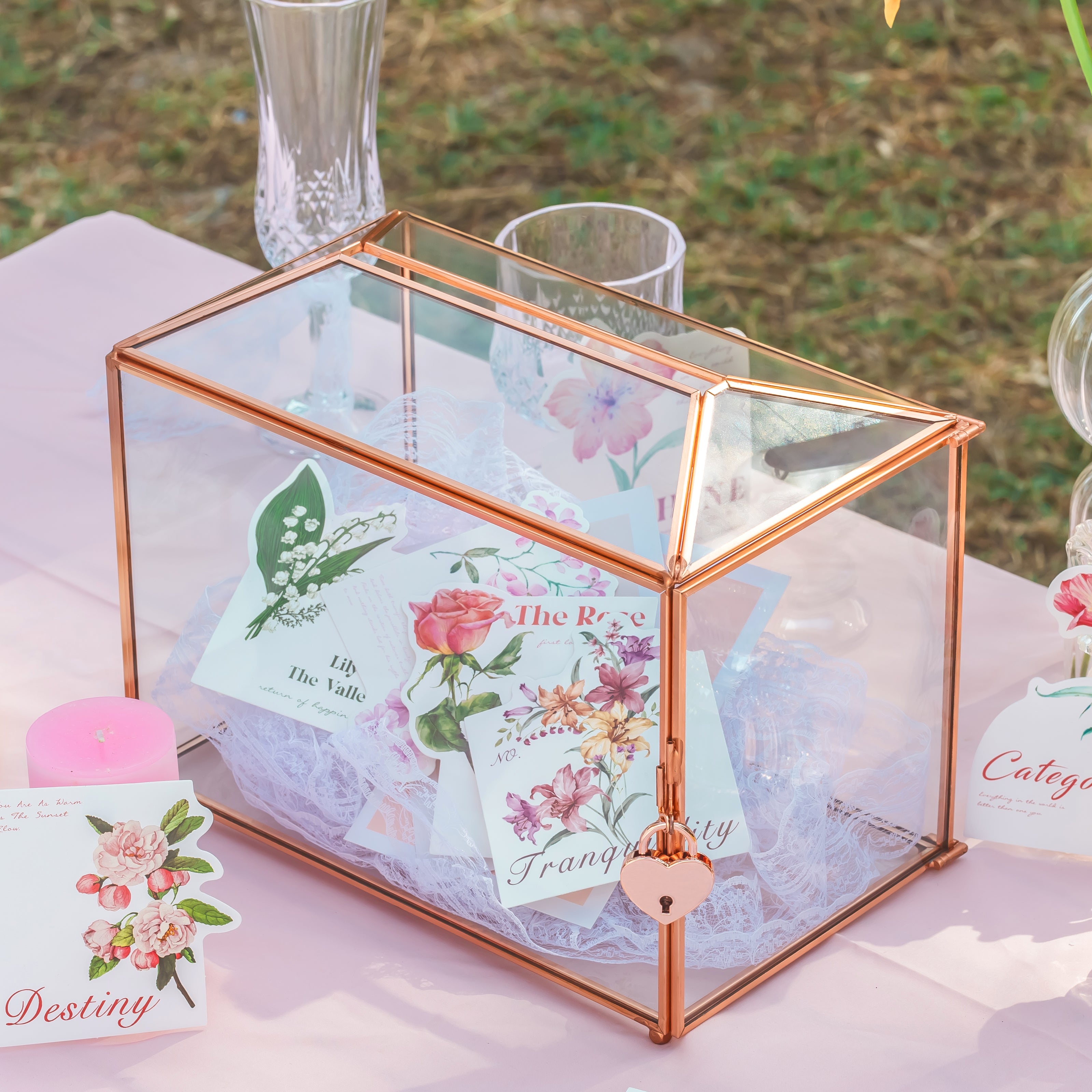 US Rose Gold Pink Pure Copper Standard Large Geometric Glass Card Box Terrarium with Slot, Lock, Handmade for Wedding Reception Wishwell - NCYPgarden