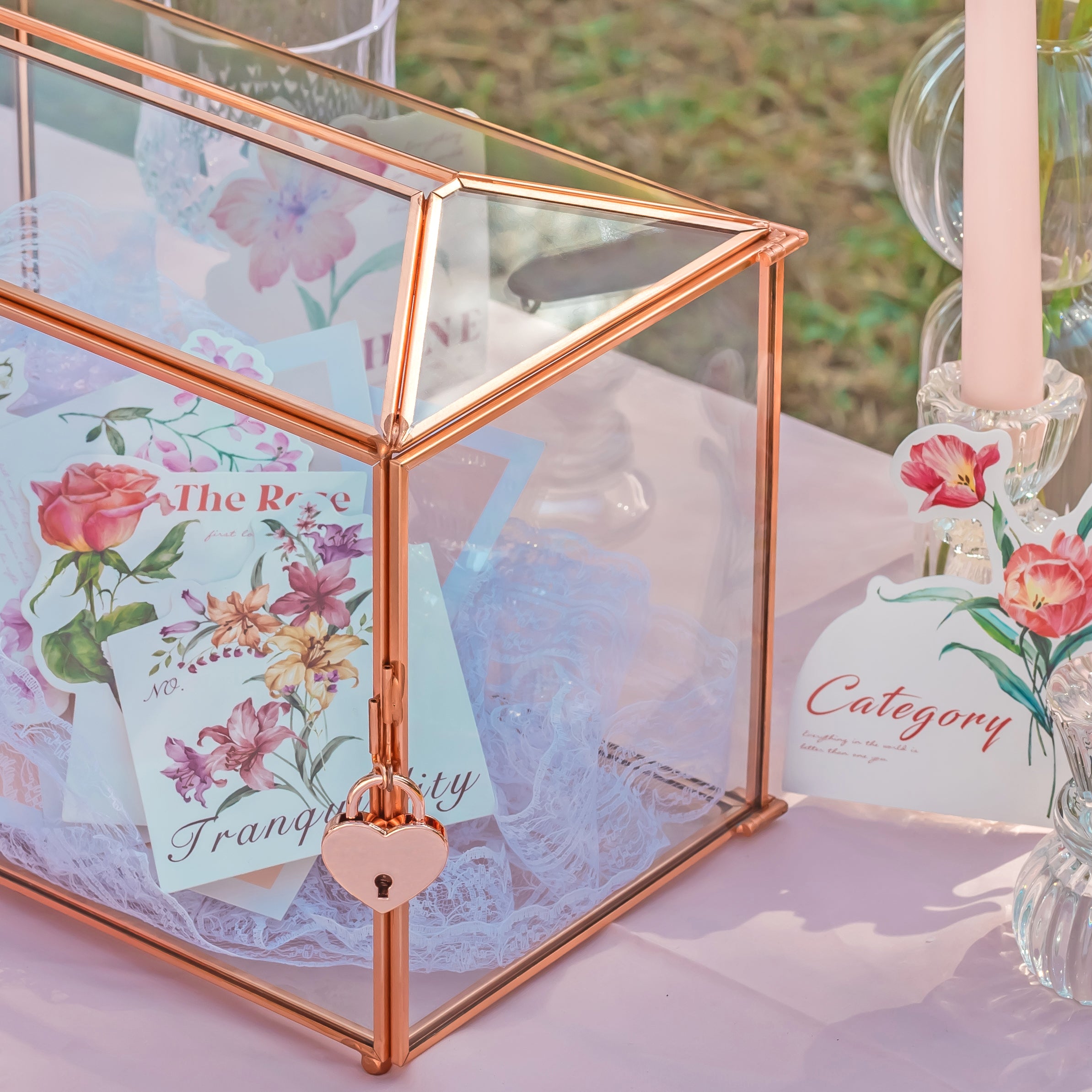 US Rose Gold Pink Pure Copper Standard Large Geometric Glass Card Box Terrarium with Slot, Lock, Handmade for Wedding Reception Wishwell - NCYPgarden