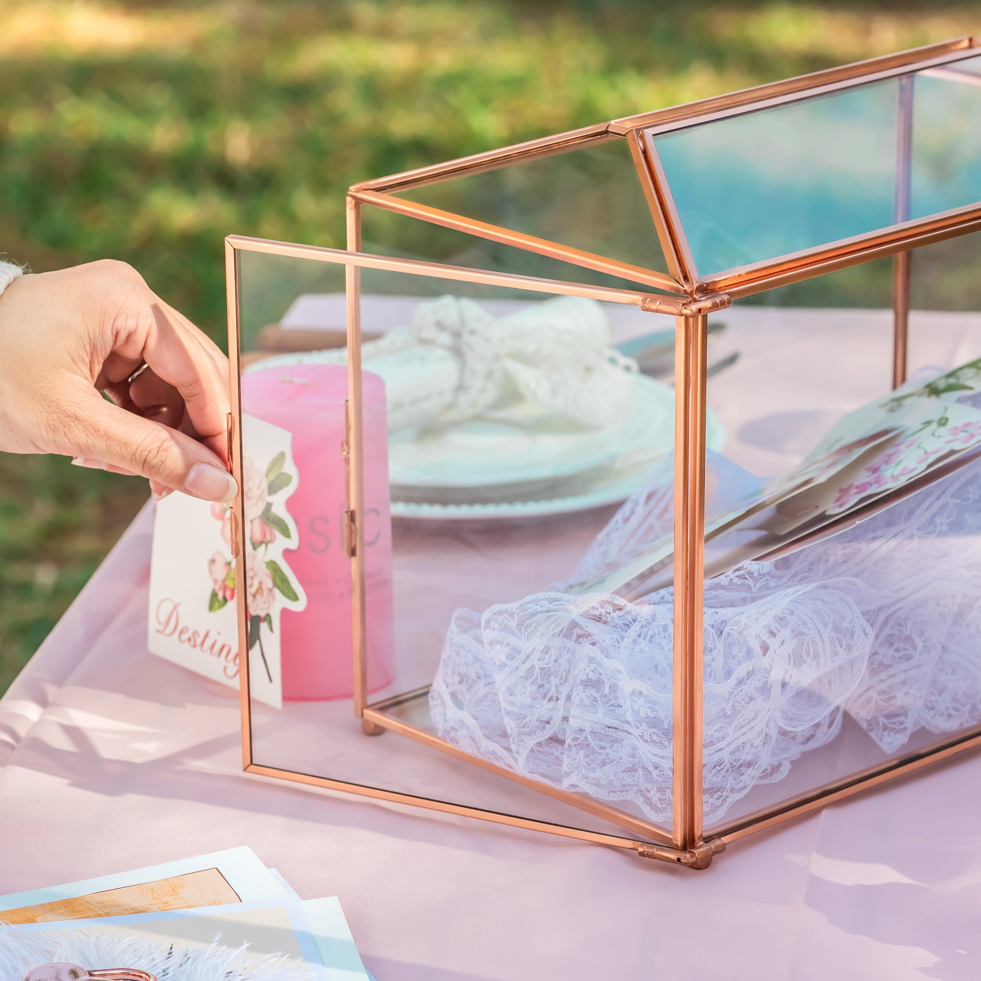 US Rose Gold Pink Pure Copper Standard Large Geometric Glass Card Box Terrarium with Slot, Lock, Handmade for Wedding Reception Wishwell - NCYPgarden