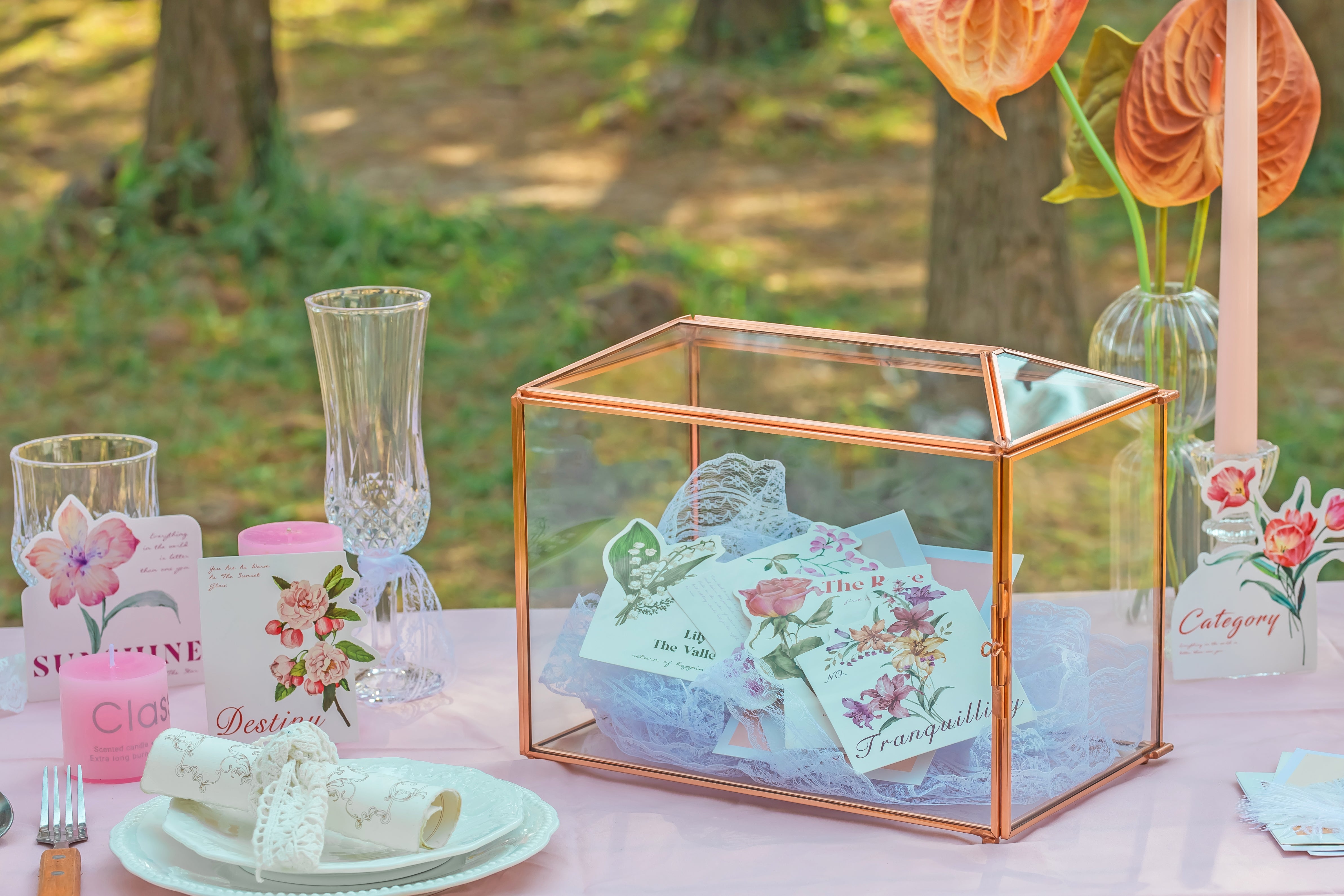 US Rose Gold Pink Pure Copper Standard Large Geometric Glass Card Box Terrarium with Slot, Lock, Handmade for Wedding Reception Wishwell - NCYPgarden