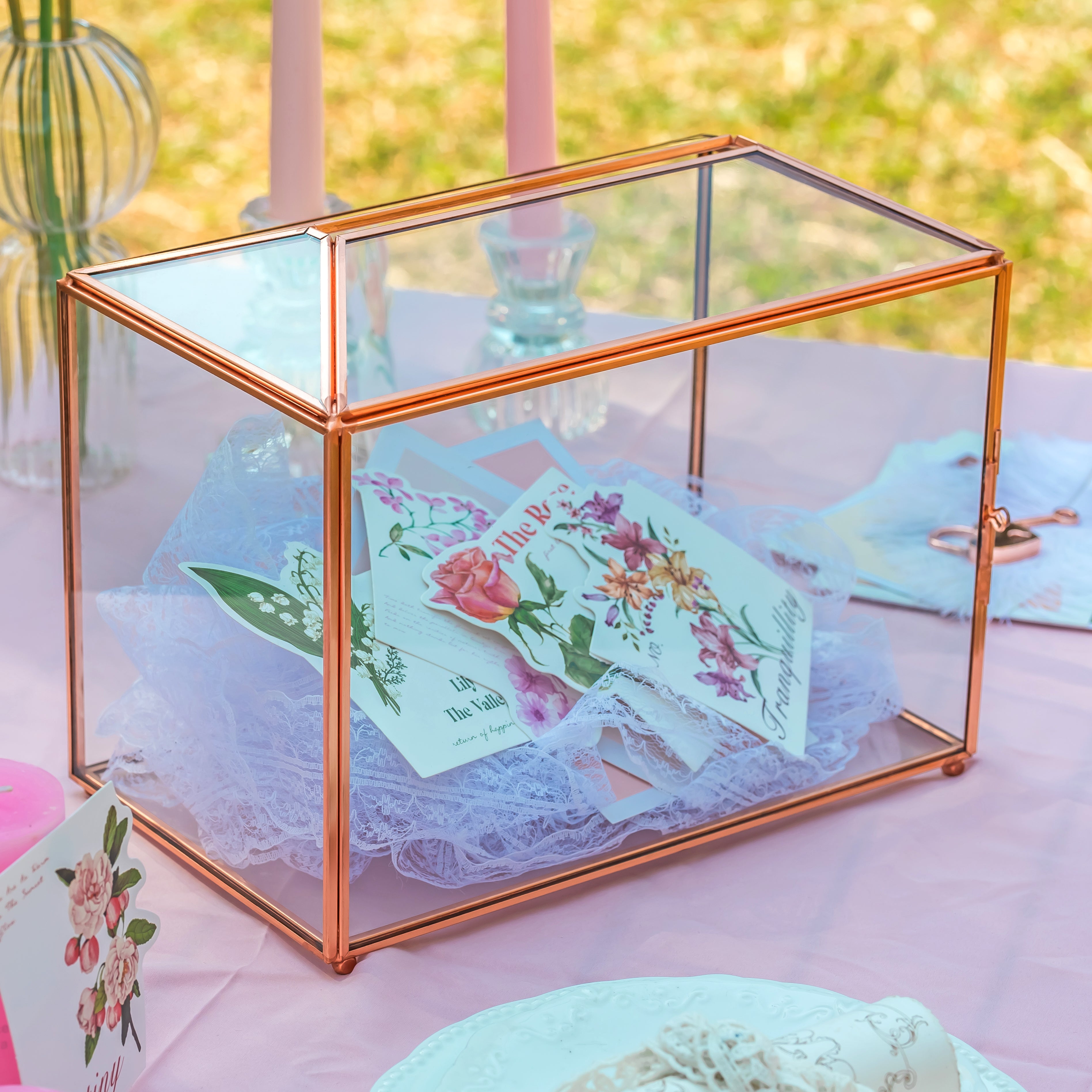 US Rose Gold Pink Pure Copper Standard Large Geometric Glass Card Box Terrarium with Slot, Lock, Handmade for Wedding Reception Wishwell - NCYPgarden