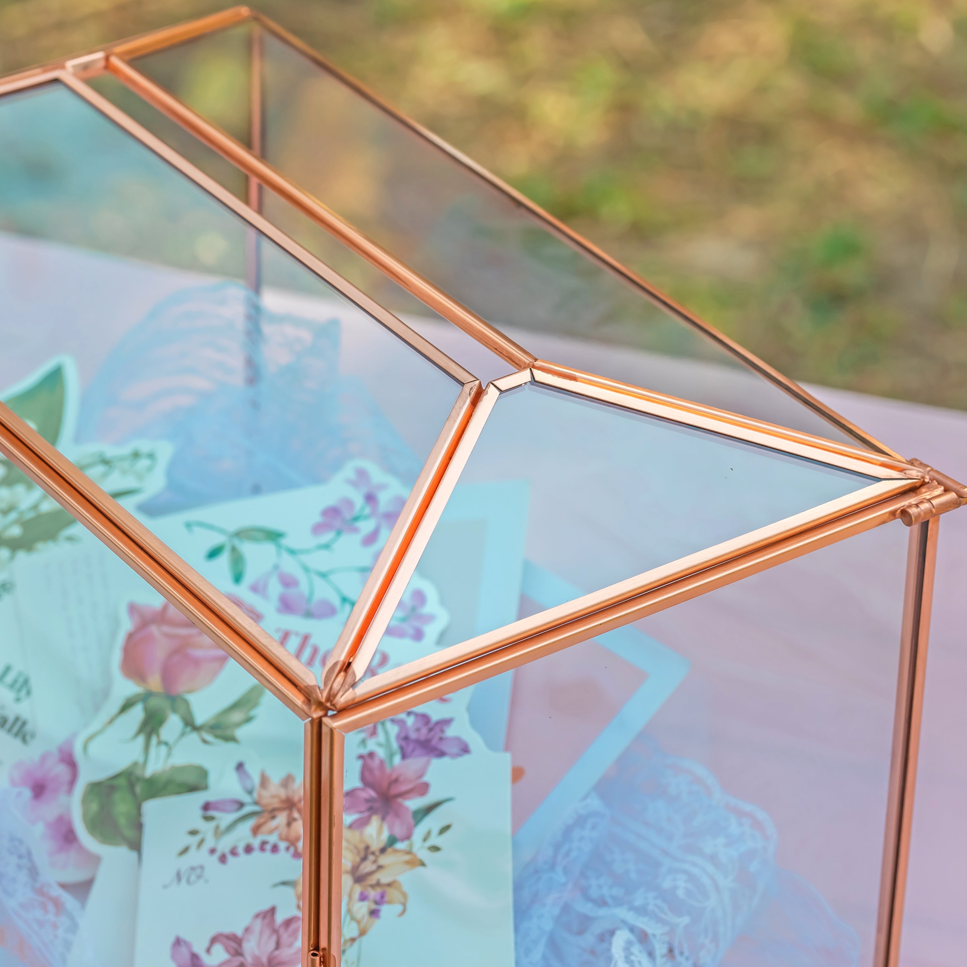 US Rose Gold Pink Pure Copper Standard Large Geometric Glass Card Box Terrarium with Slot, Lock, Handmade for Wedding Reception Wishwell - NCYPgarden