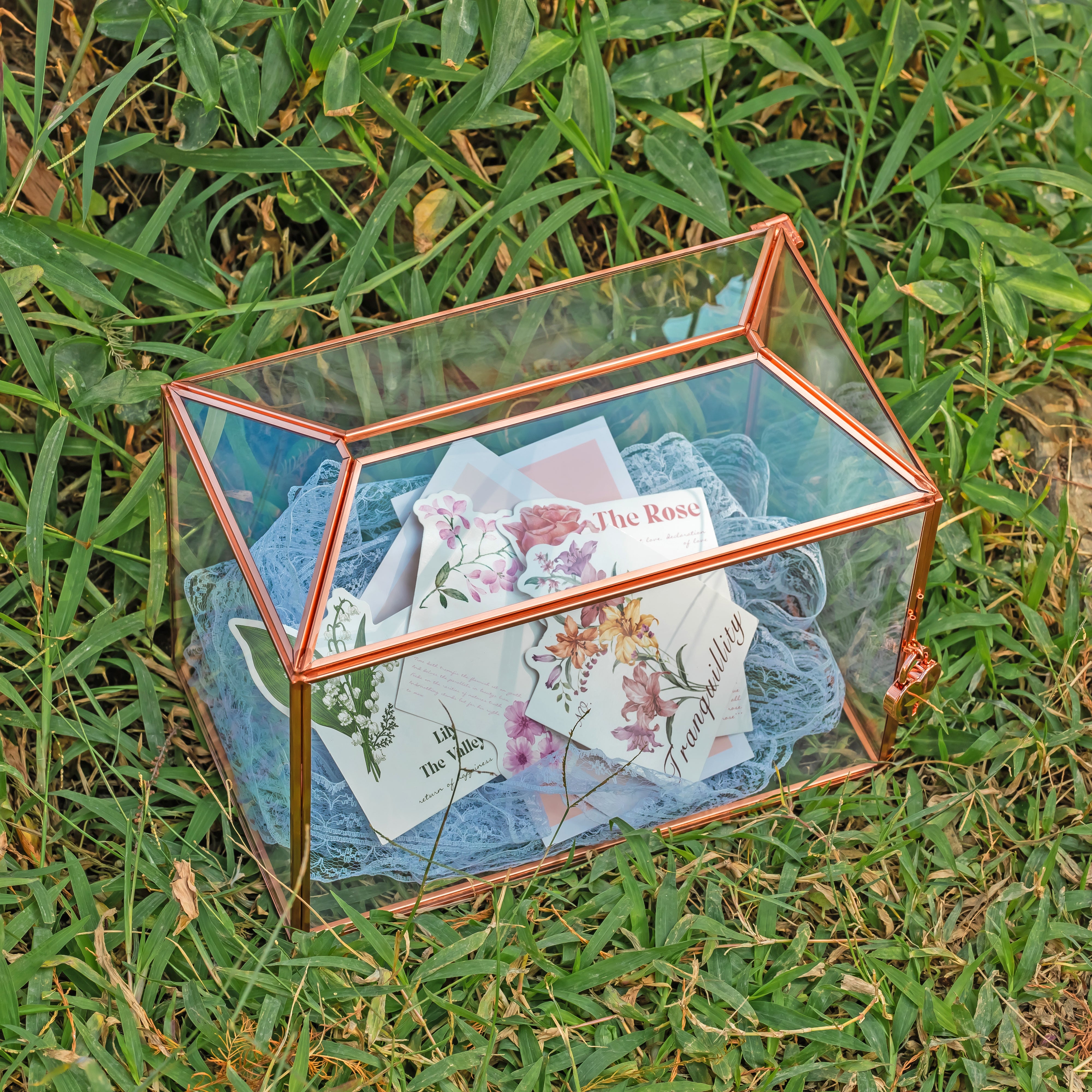 US Rose Gold Pink Pure Copper Standard Large Geometric Glass Card Box Terrarium with Slot, Lock, Handmade for Wedding Reception Wishwell - NCYPgarden