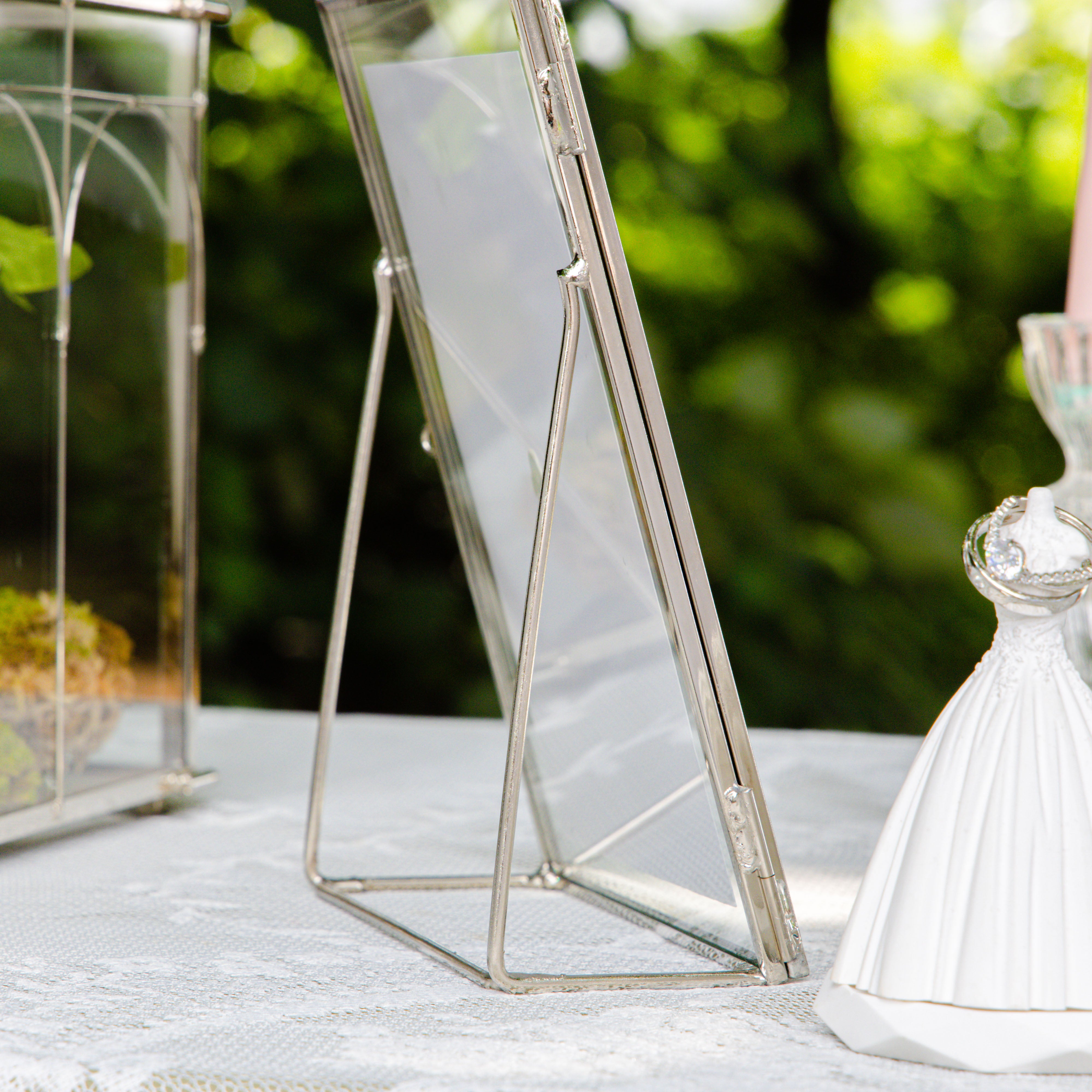 Silver Brass Tabletop Vintage Frame Geometric Ornament Plant Specimen Clip Modern Decor Card Holder 5X7" Reception - NCYPgarden