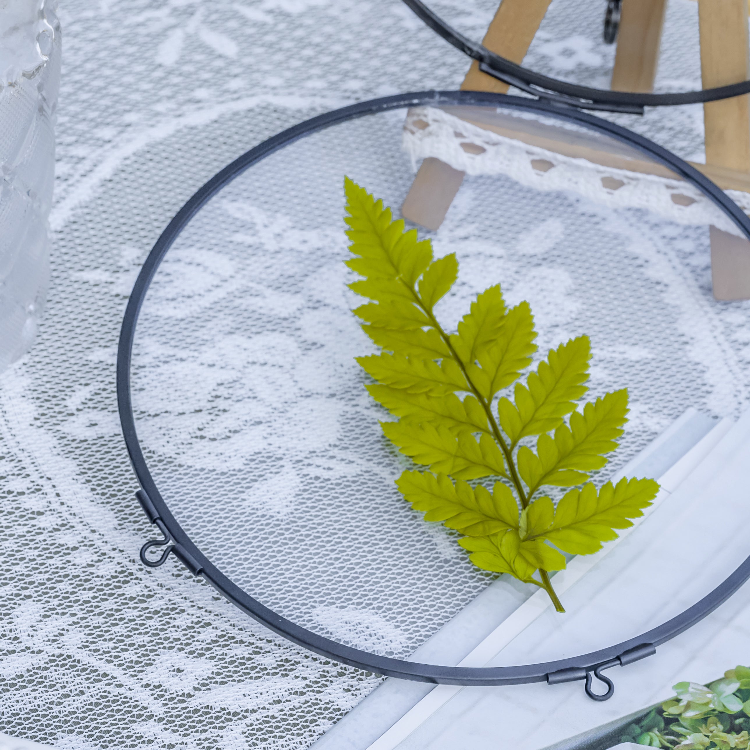 6" Black Wall Hanging RoundHerbarium Brass Glass Frame for Pressed Flowers, Poster, Double Glass, floating Frame - NCYPgarden