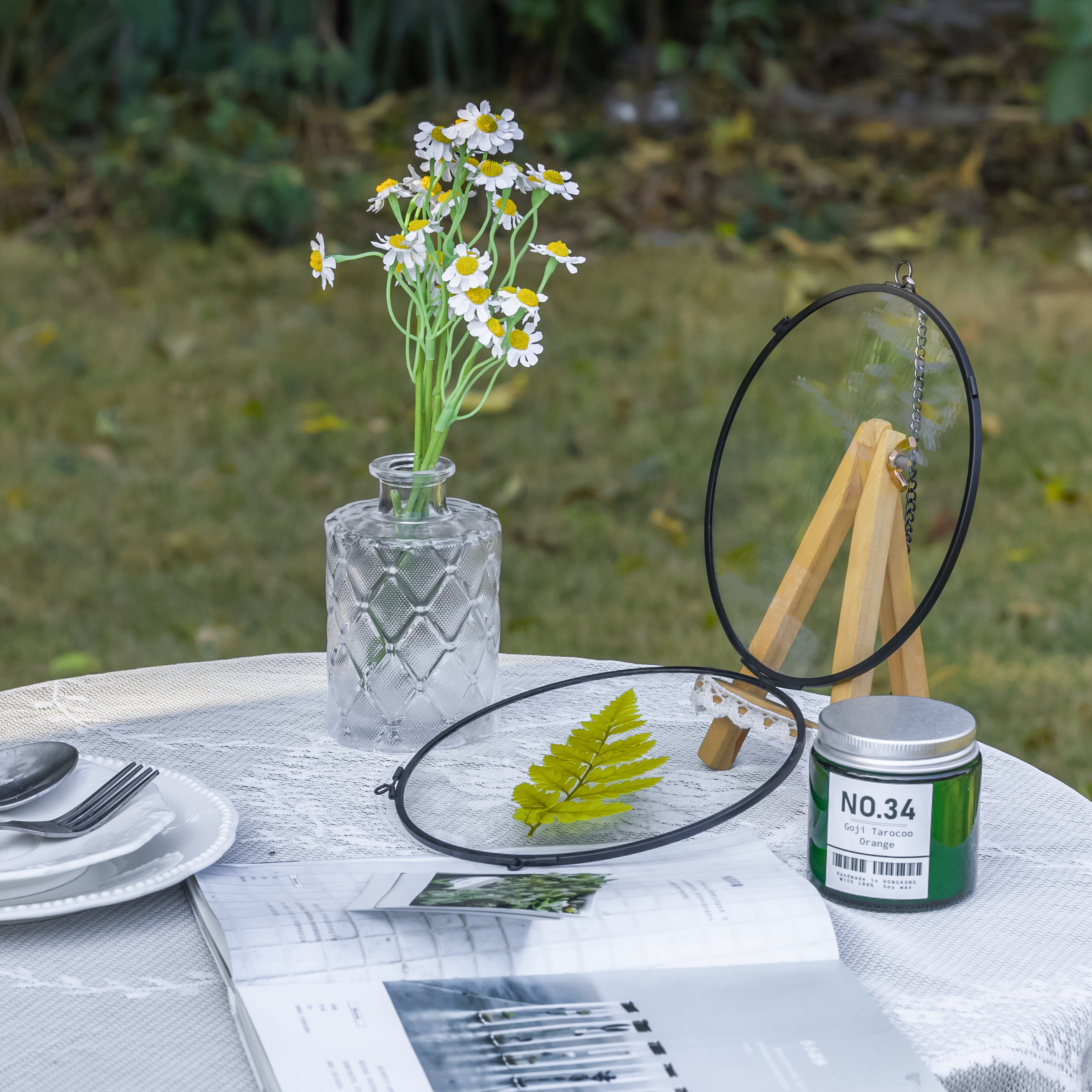 6" Black Wall Hanging RoundHerbarium Brass Glass Frame for Pressed Flowers, Poster, Double Glass, floating Frame - NCYPgarden