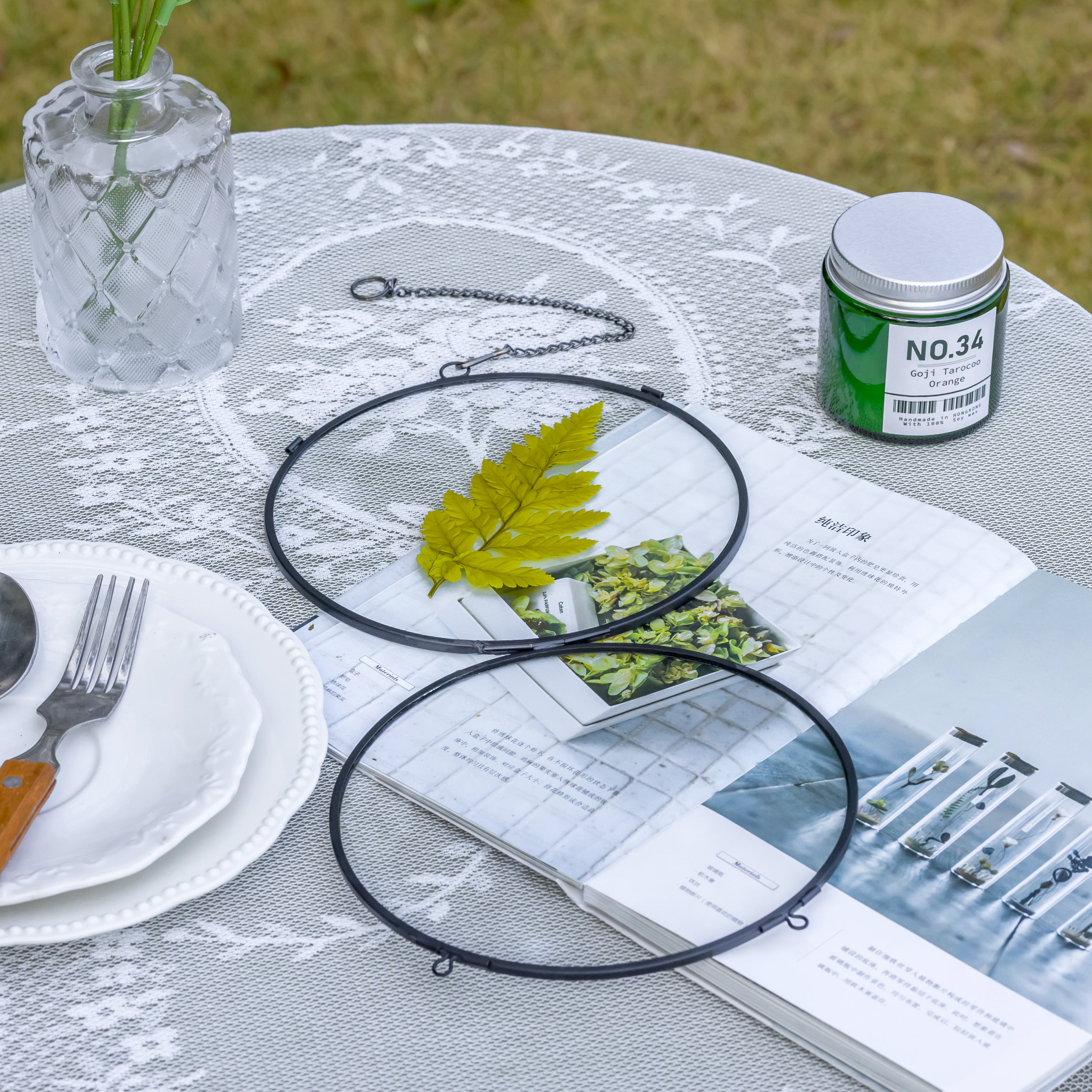 6" Black Wall Hanging RoundHerbarium Brass Glass Frame for Pressed Flowers, Poster, Double Glass, floating Frame - NCYPgarden