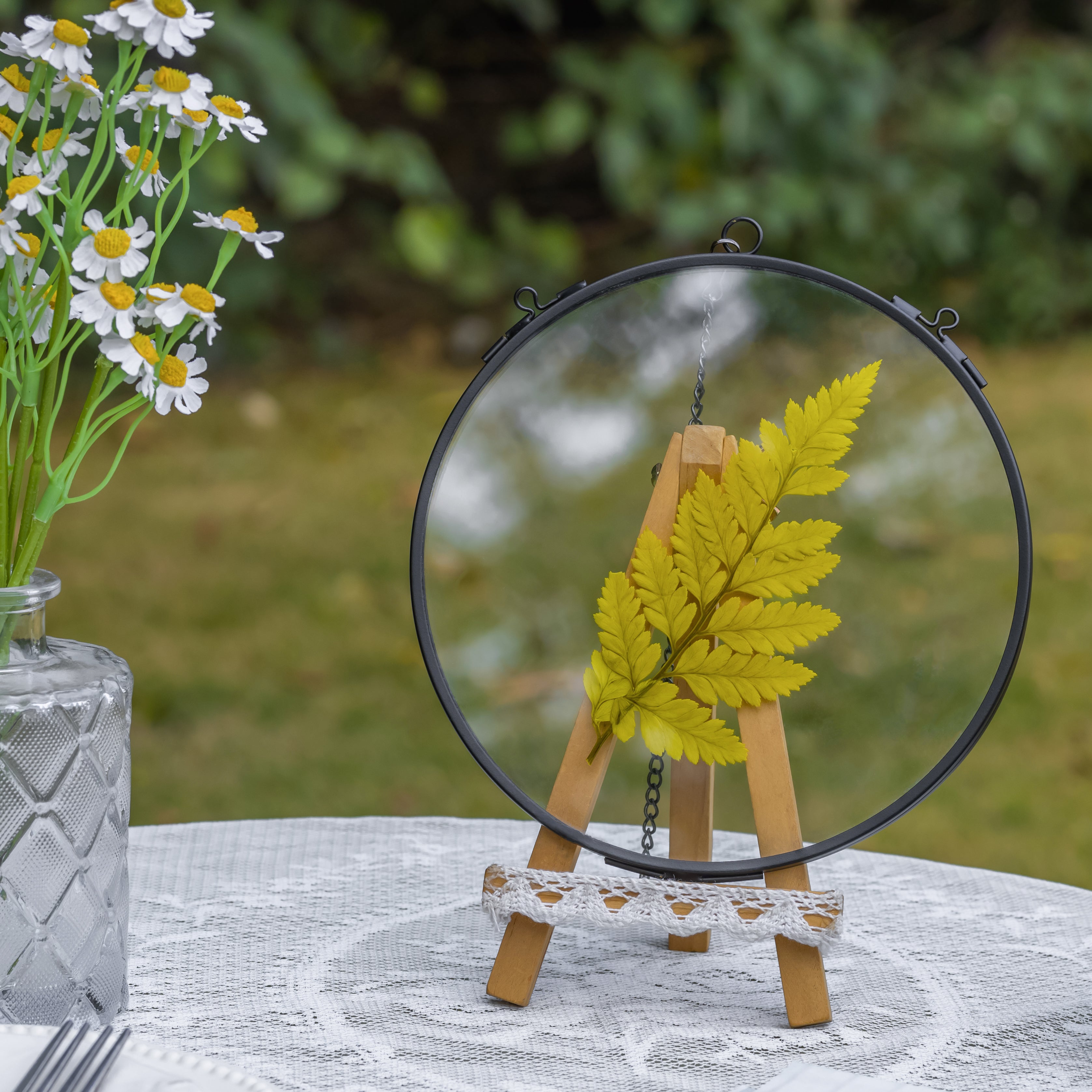 6" Black Wall Hanging RoundHerbarium Brass Glass Frame for Pressed Flowers, Poster, Double Glass, floating Frame - NCYPgarden
