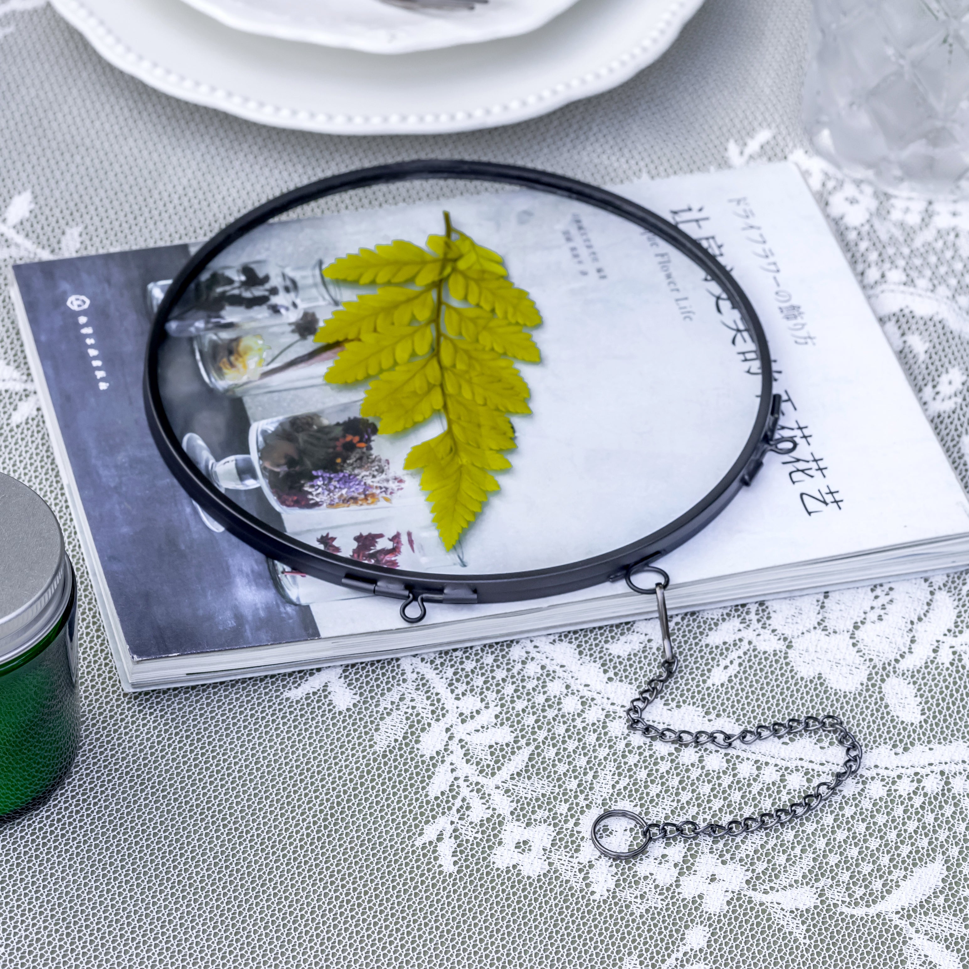 6" Black Wall Hanging RoundHerbarium Brass Glass Frame for Pressed Flowers, Poster, Double Glass, floating Frame - NCYPgarden