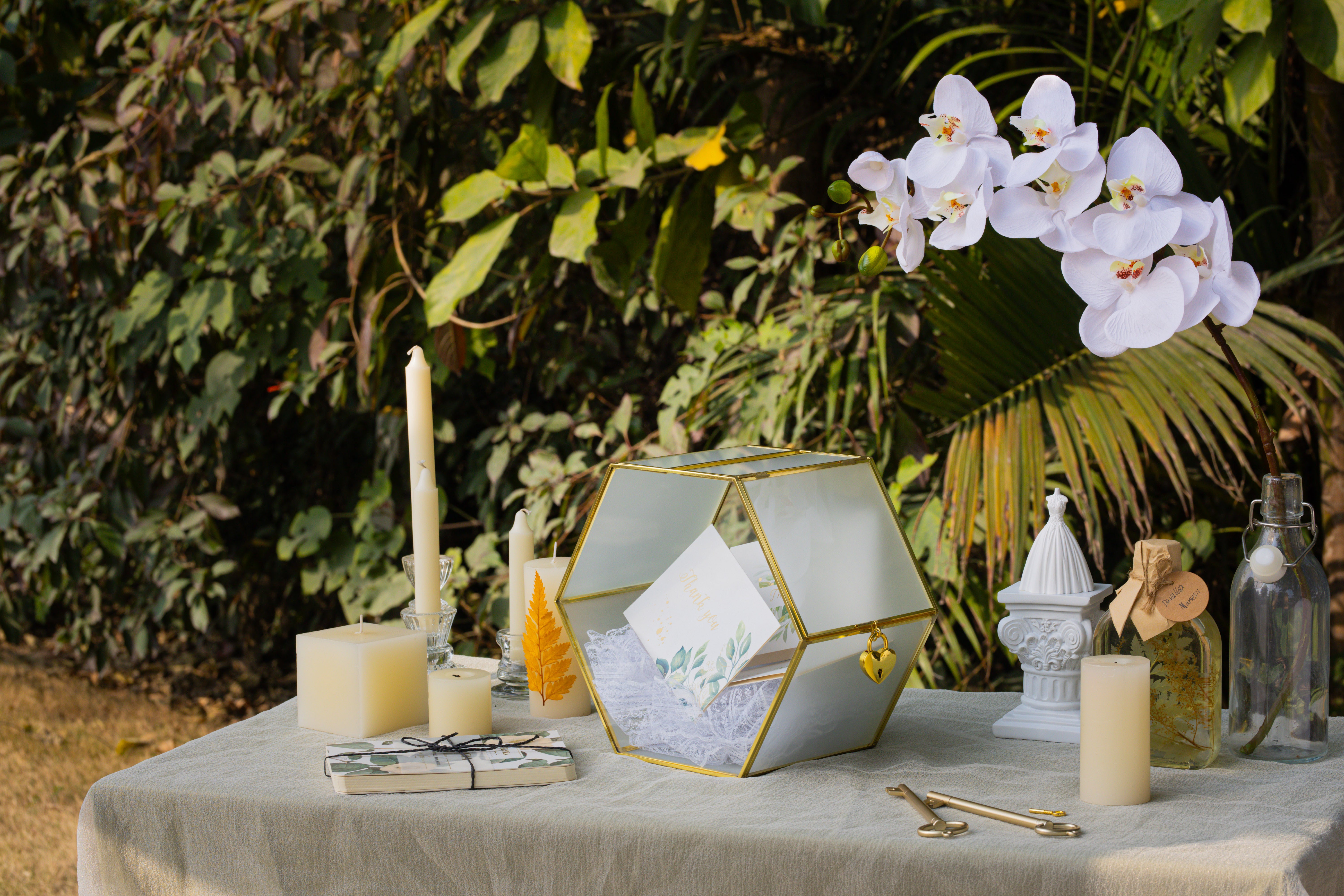 Hexagon Gold Brass and Glass Card box, Lockable, with slot for wedding, wishwell, babyshower - NCYPgarden