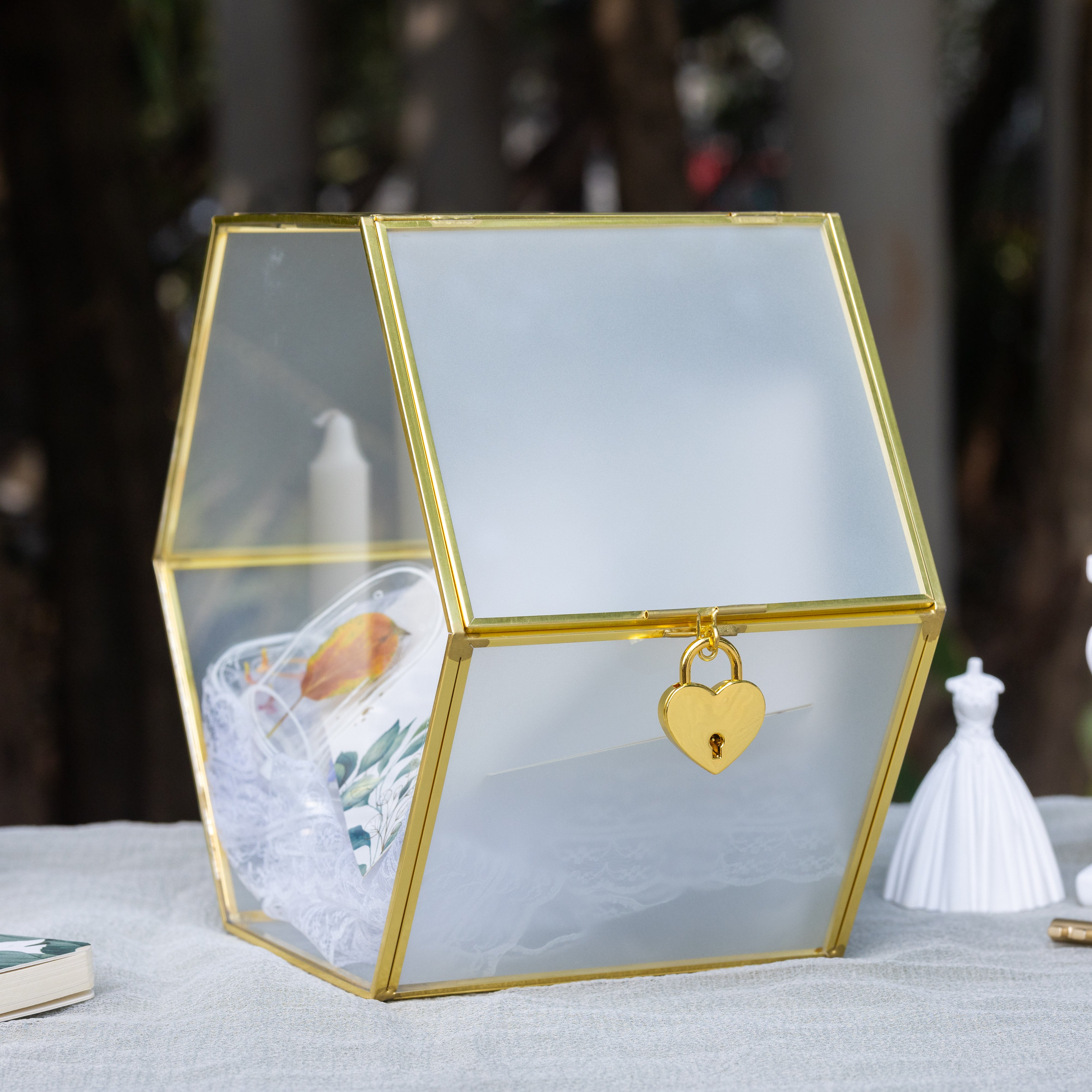Hexagon Gold Brass and Glass Card box, Lockable, with slot for wedding, wishwell, babyshower - NCYPgarden