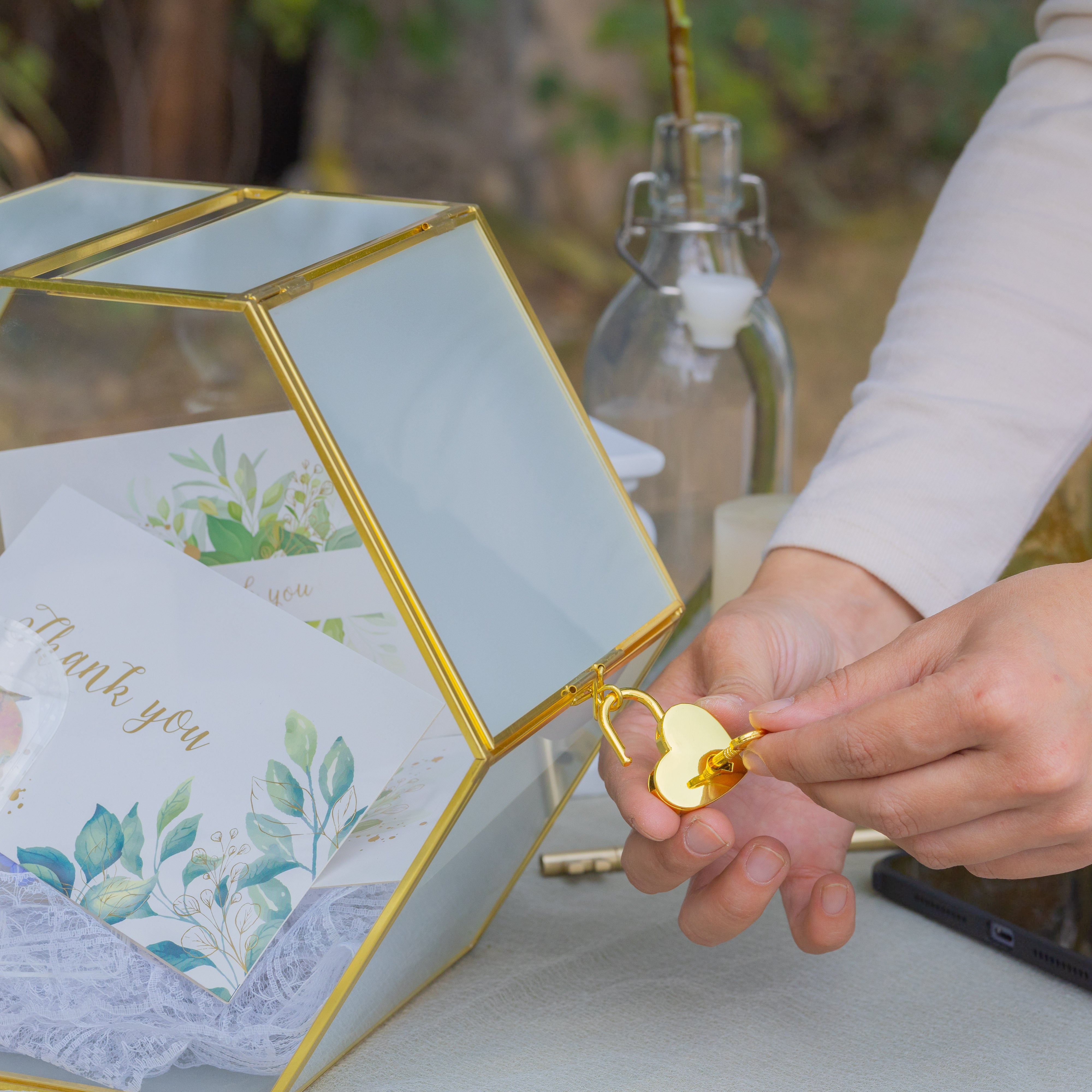 Hexagon Gold Brass and Glass Card box, Lockable, with slot for wedding, wishwell, babyshower - NCYPgarden