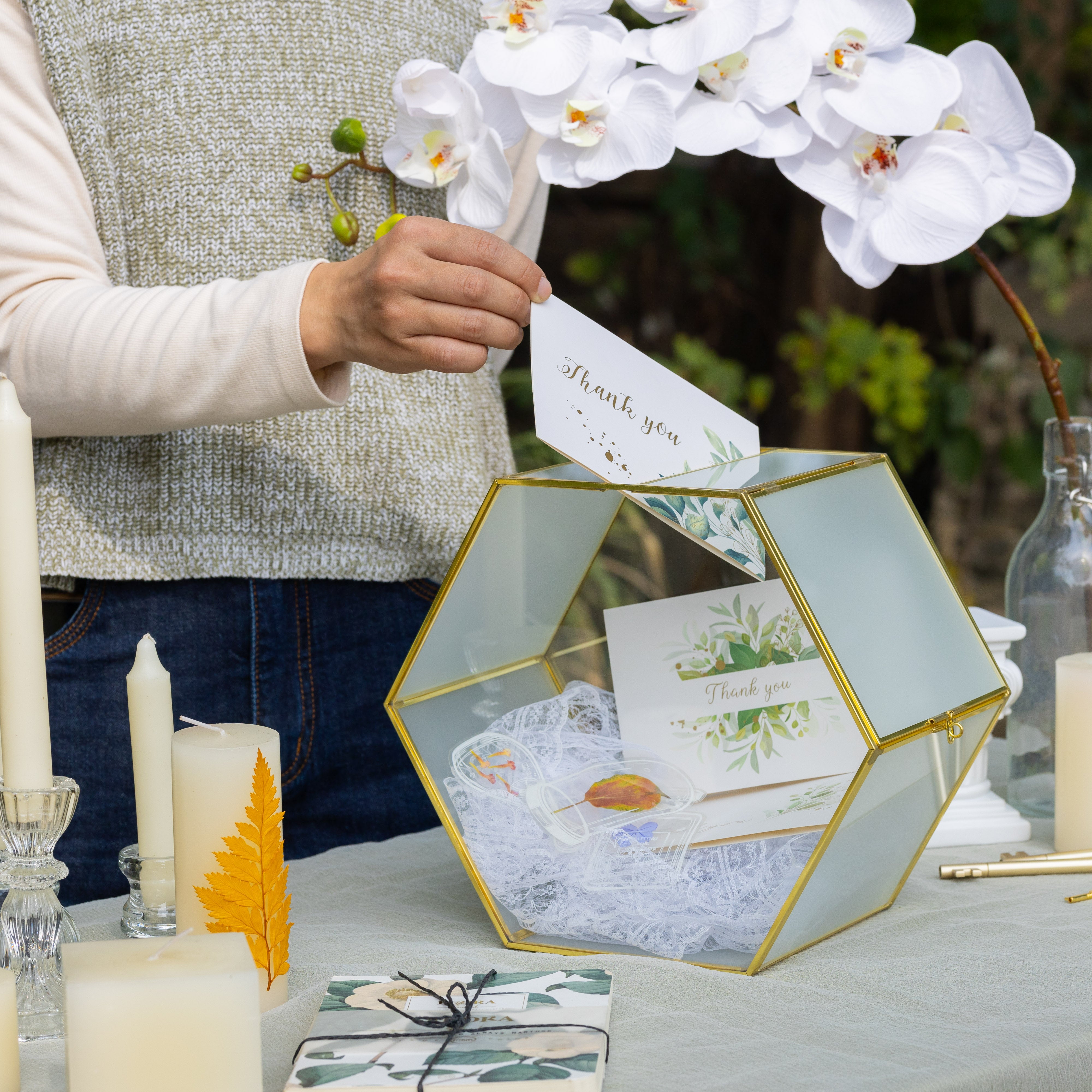 Hexagon Gold Brass and Glass Card box, Lockable, with slot for wedding, wishwell, babyshower - NCYPgarden