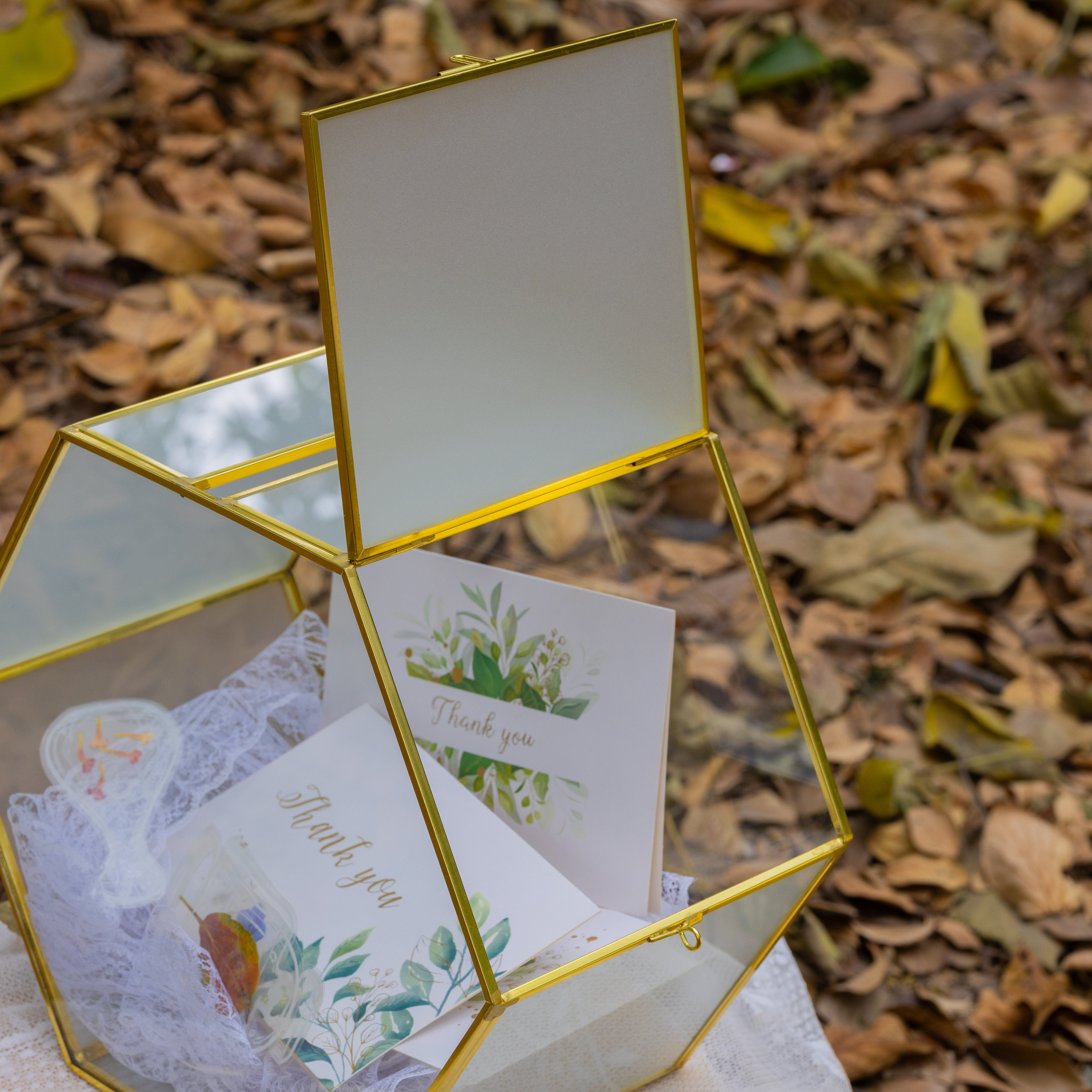 Hexagon Gold Brass and Glass Card box, Lockable, with slot for wedding, wishwell, babyshower - NCYPgarden