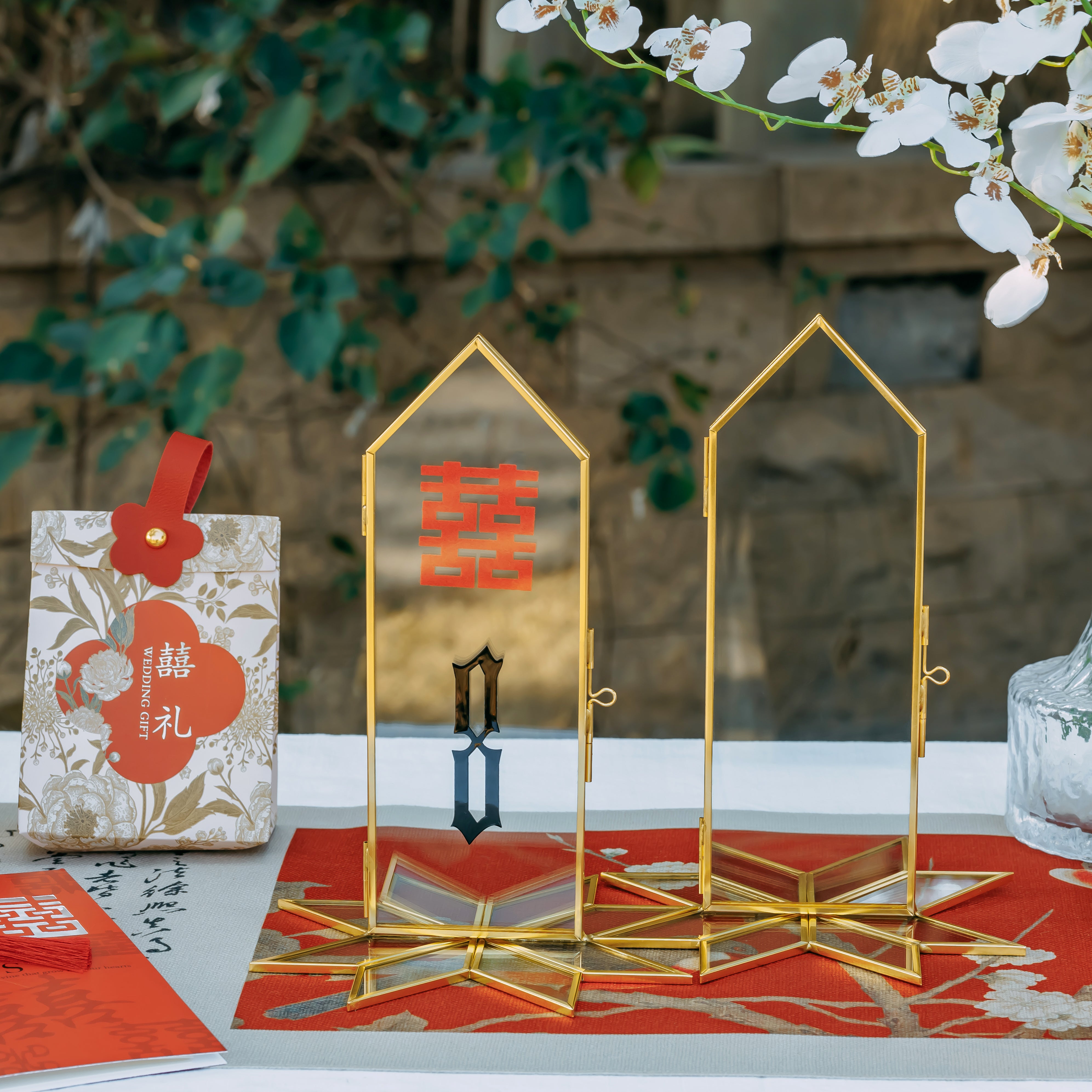 Geometric Gardenia Garden Gold Glass and Brass Wedding Table Number Holder, pressed flower frame - NCYPgarden