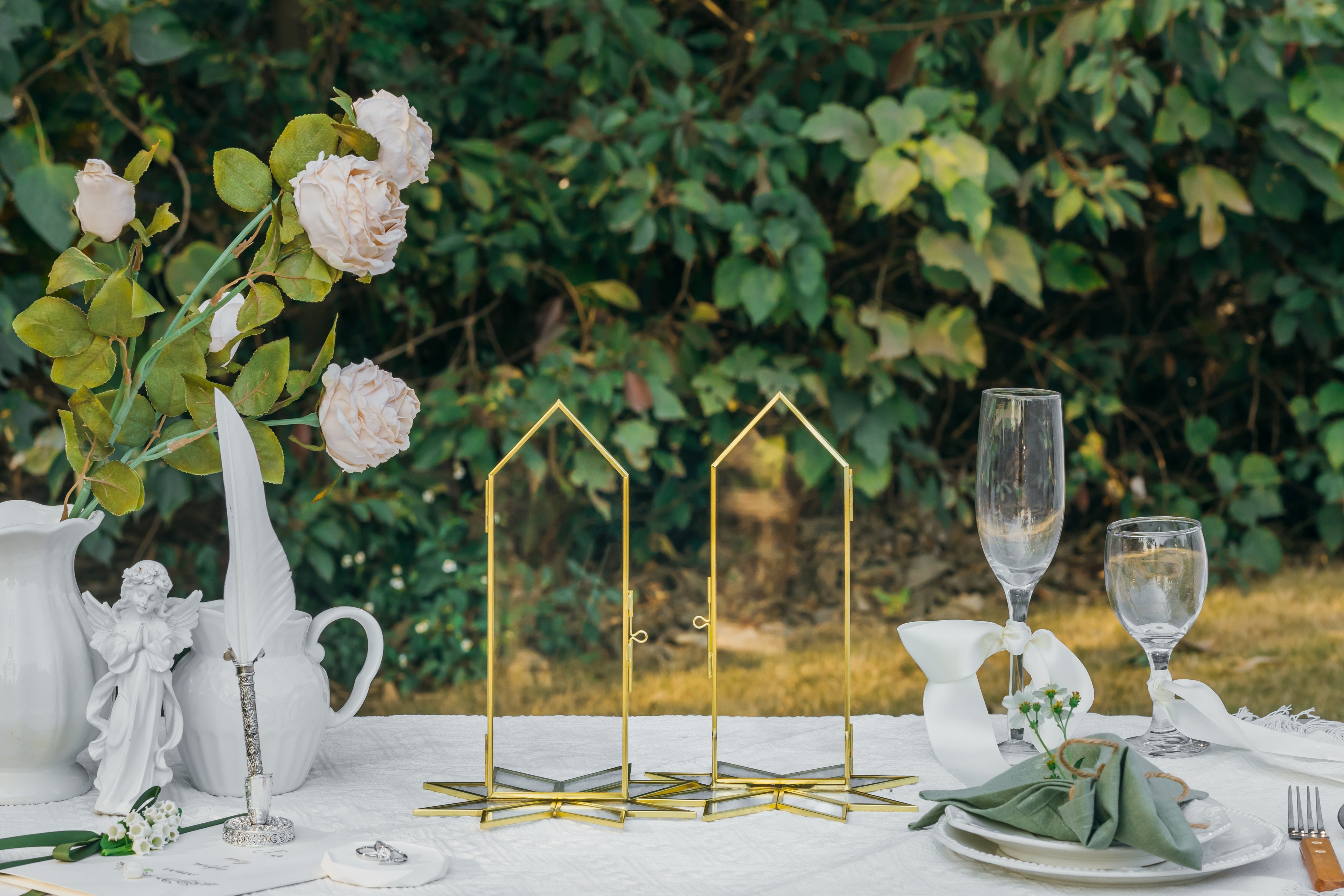 Geometric Gardenia Garden Gold Glass and Brass Wedding Table Number Holder, pressed flower frame - NCYPgarden