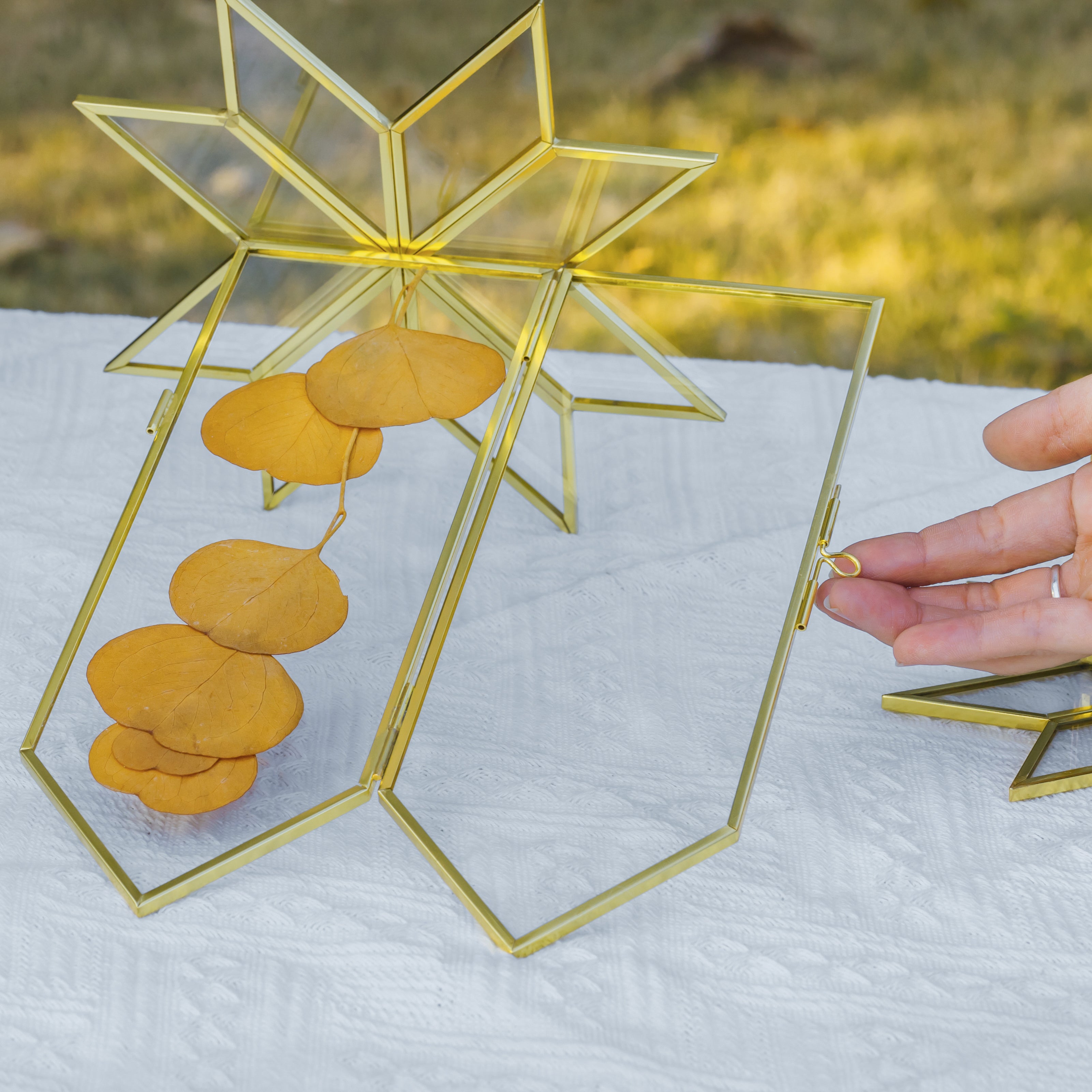 Geometric Gardenia Garden Gold Glass and Brass Wedding Table Number Holder, pressed flower frame - NCYPgarden