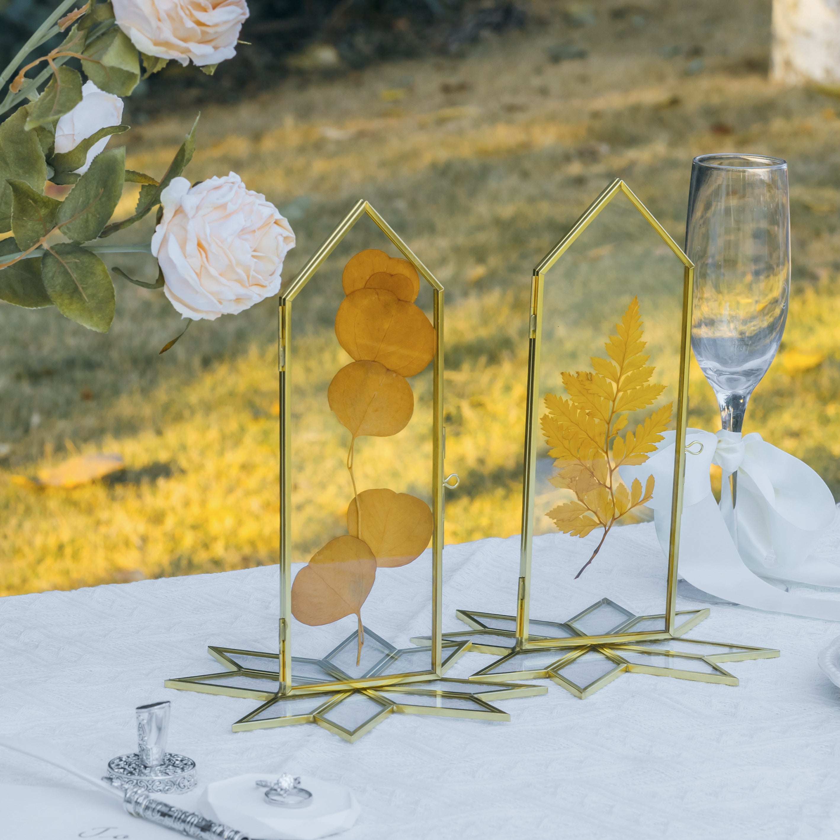 Geometric Gardenia Garden Gold Glass and Brass Wedding Table Number Holder, pressed flower frame - NCYPgarden