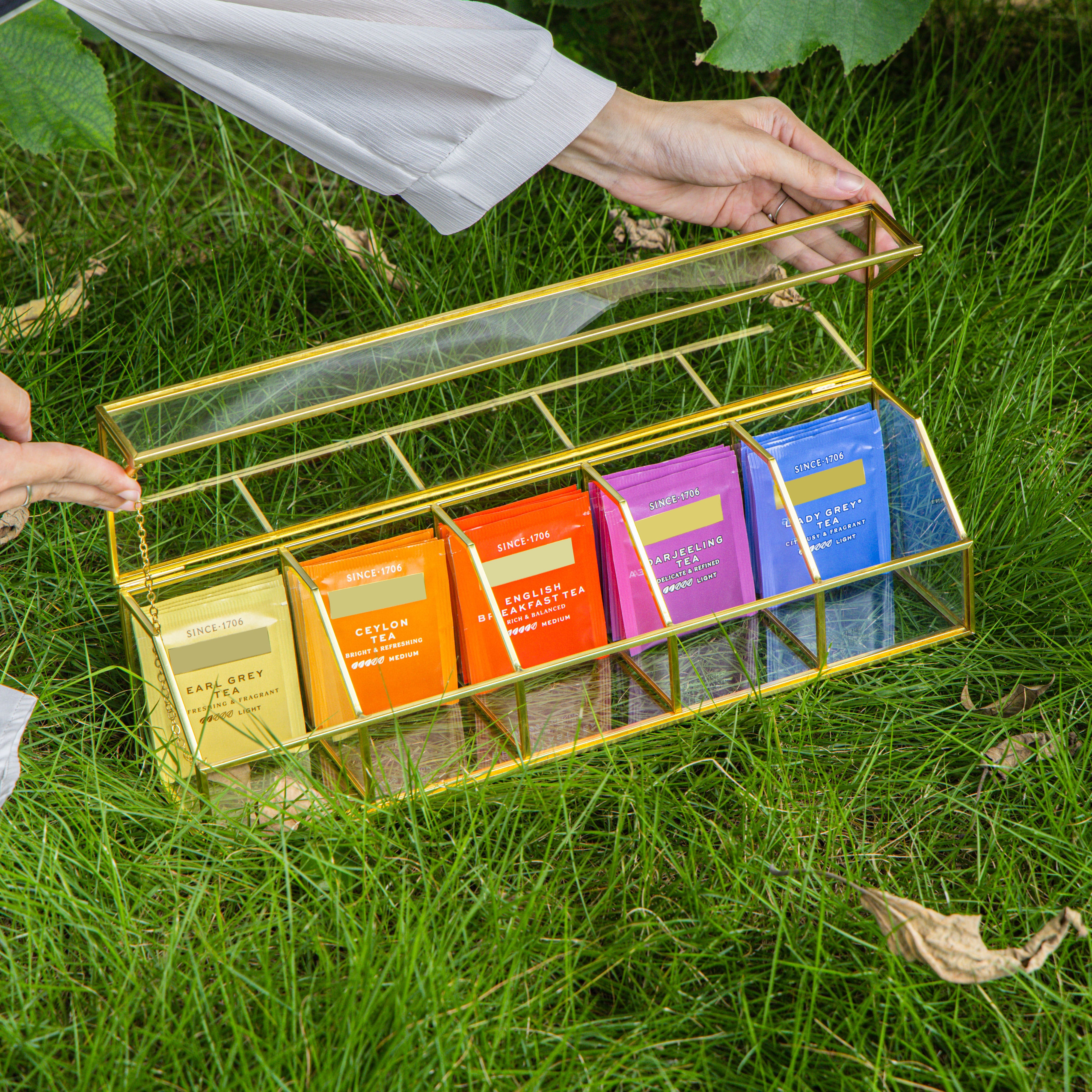 Glass Gold Tea Bag Box, 5 Compartments and Lid Storage Box, Tea Lovers Gift Box, Tea Organizer, Christmas Gift
